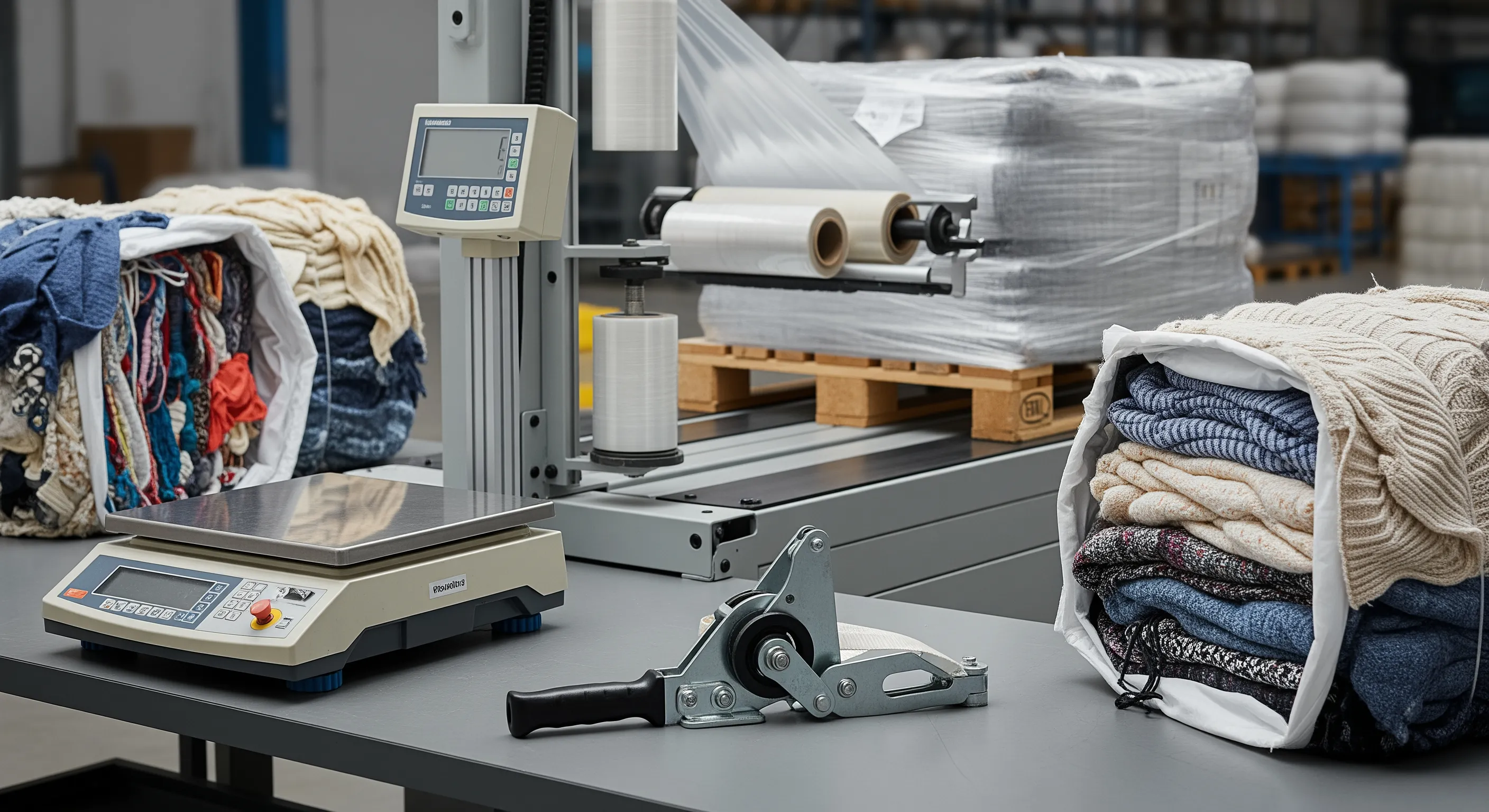 Industrial quality-control station with scale, stretch-wrap machine, and partially opened bales showing mixed secondhand clothing textures in soft studio lighting