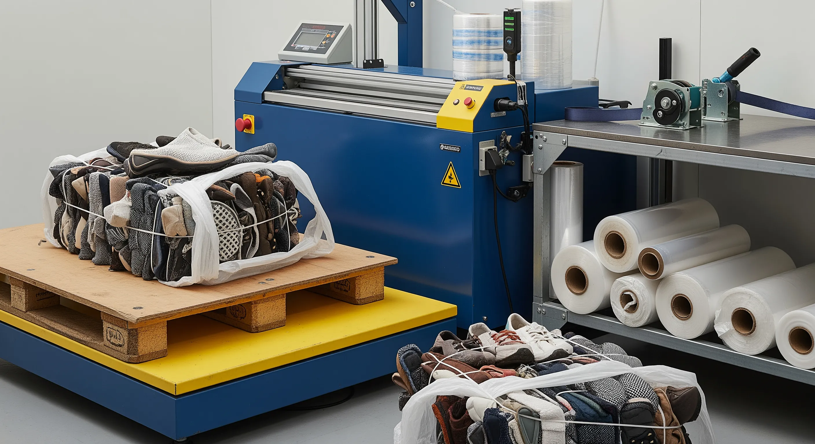 Industrial quality control station featuring shrink wrap machine and open bales of mixed second-hand shoes under clean studio lighting