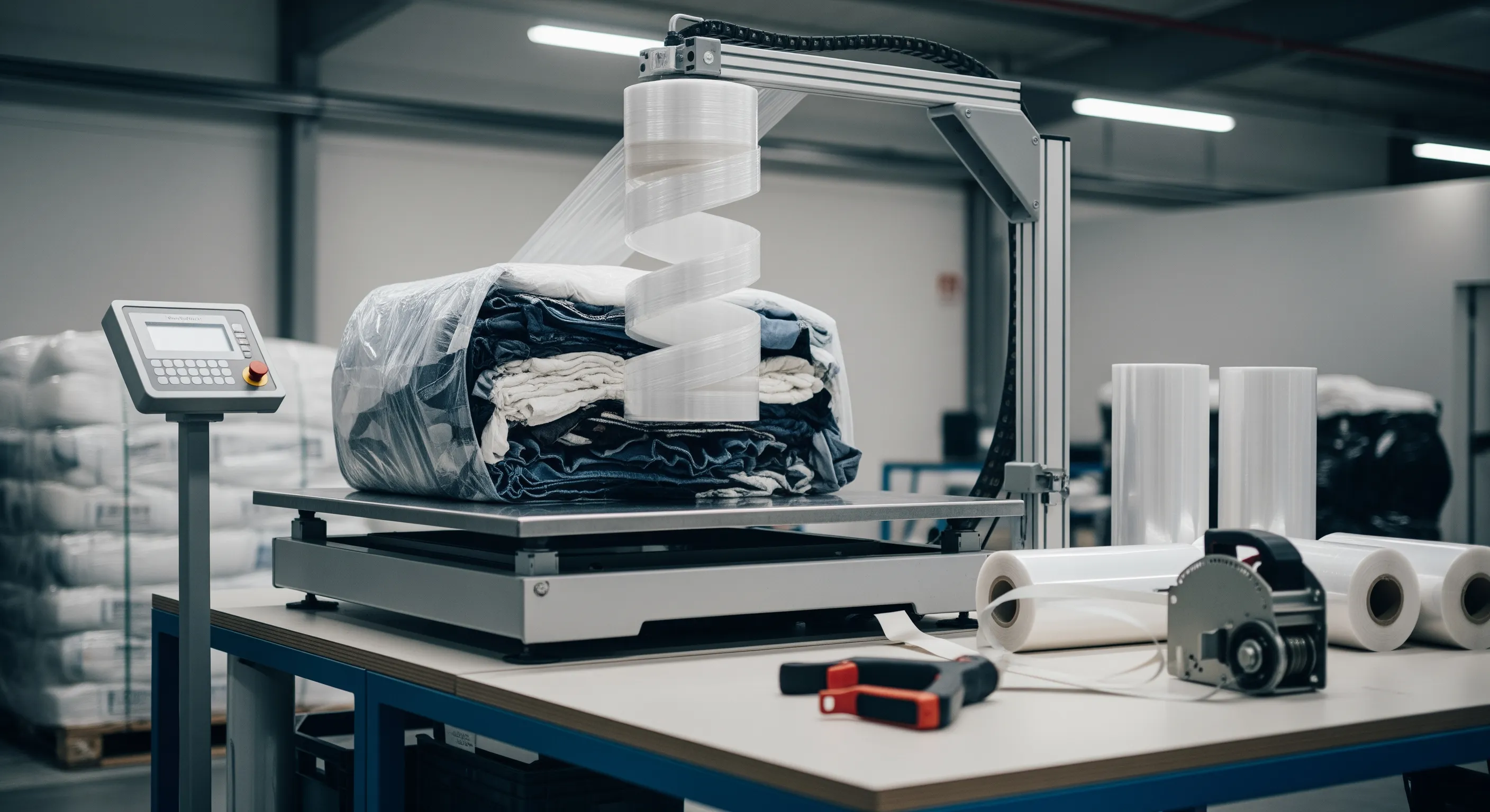 Industrial quality-control station featuring a platform scale, stretch-wrap machine, and partially opened bales with mixed second hand clothes under studio lighting.