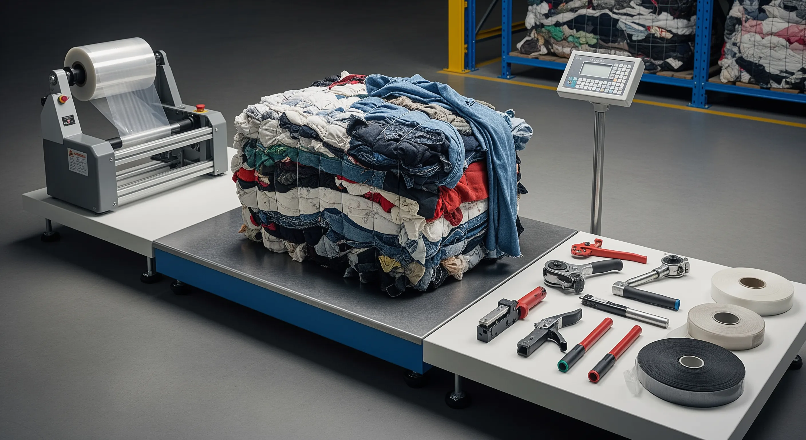 Quality control station with industrial scale, pallet strapping tools and partially opened bales revealing mixed textiles under controlled lighting