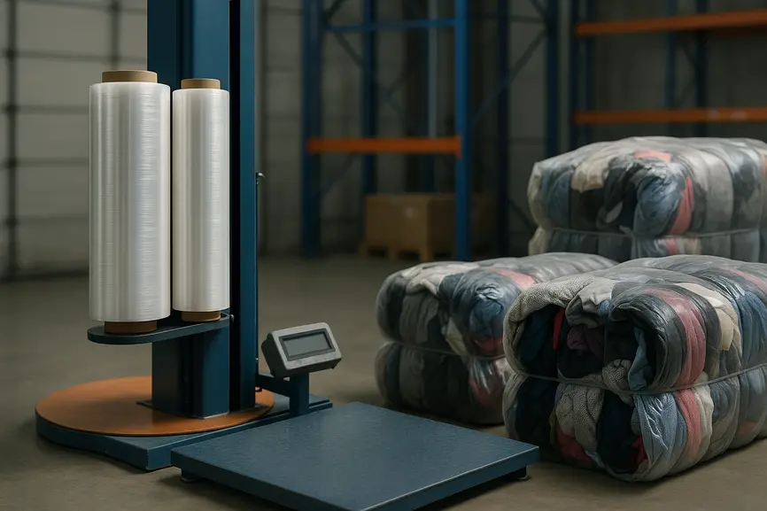 Mid shot of quality control station showing stretch-wrap machine, pallet scale, and partially opened bales with mixed textiles for used clothes sorting.