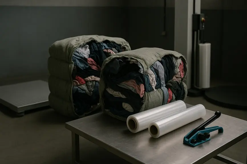 Quality control station showing stretch-wrap machine, pallet scale, and partially opened bales with visible secondhand clothing fabrics.