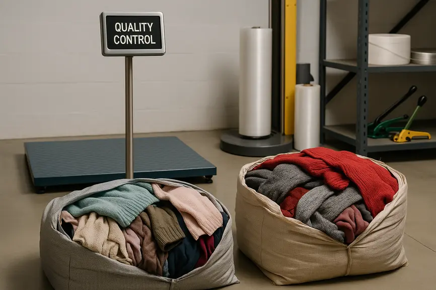 Mid-shot of a quality control station with industrial scale and stretch-wrap machine beside partially opened textile bales.