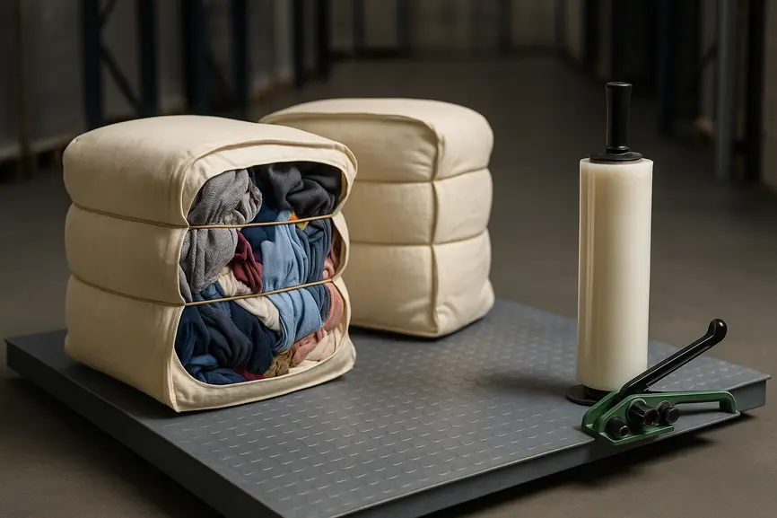 Quality control station with pallet scale, stretch-wrap machine, and partially opened cream used clothing bales showing textile textures under controlled industrial lighting.