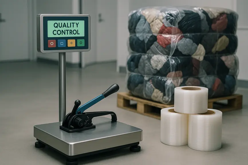 Close-up of a quality control station with an industrial scale, strapping tool, and partially opened bales showing mixed textiles textures under soft industrial lighting.
