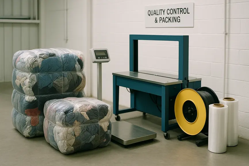 Quality control station with industrial scale and pallet strapping machine next to partially opened bales showing mixed secondhand textiles inside.