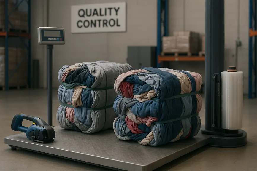 Quality control station with stretch-wrap machine and partially opened textile bales showing second-hand clothing textures.