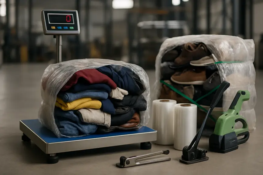 Quality control station mid-shot with scale platform, strapping tools, and partially opened textile bales showing mixed fabrics.
