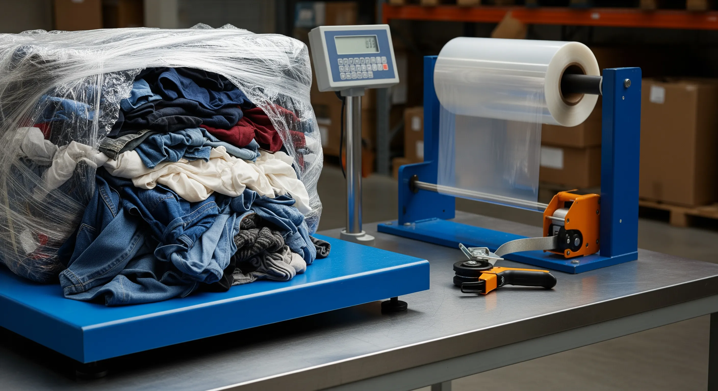 Quality control station inside warehouse showing pallet scale, partially opened bale with mixed textiles, shrink film roll, and strapping tools under industrial lighting.