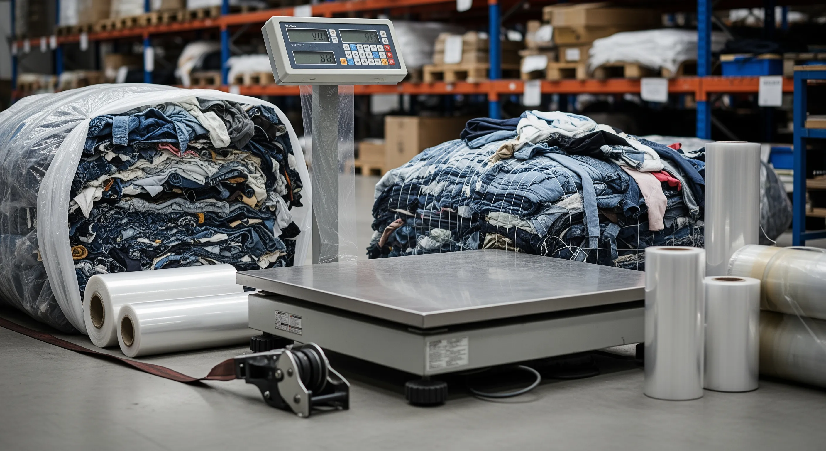 Quality control station with industrial scale and strap tensioner next to partially opened bales showing mixed textiles inside in a clean warehouse setting.