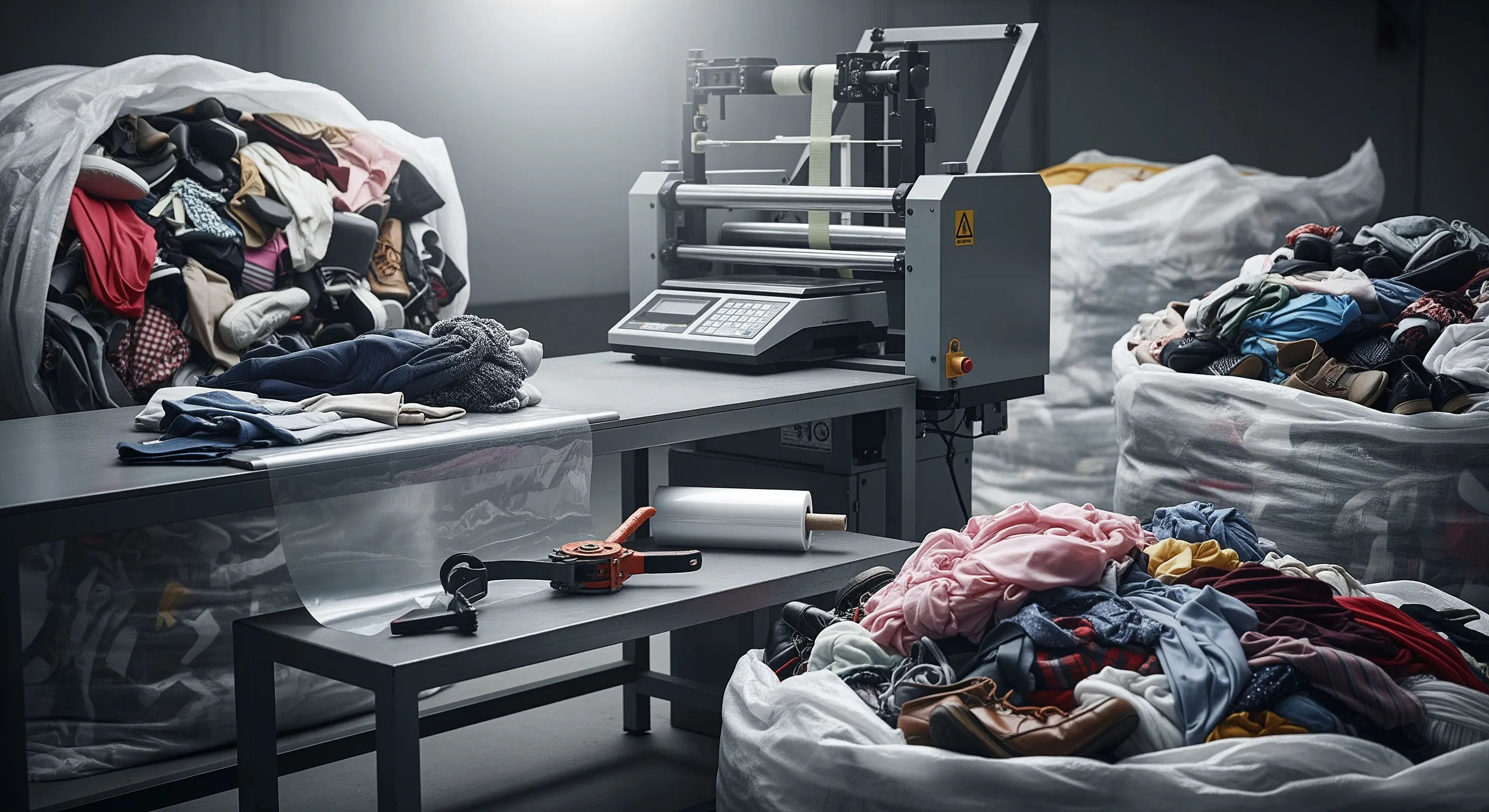 Mid-level view of a quality control station with industrial scale, pallet strapping machine, and partially opened textile bales showing bulk secondhand footwear inside a sorting warehouse.