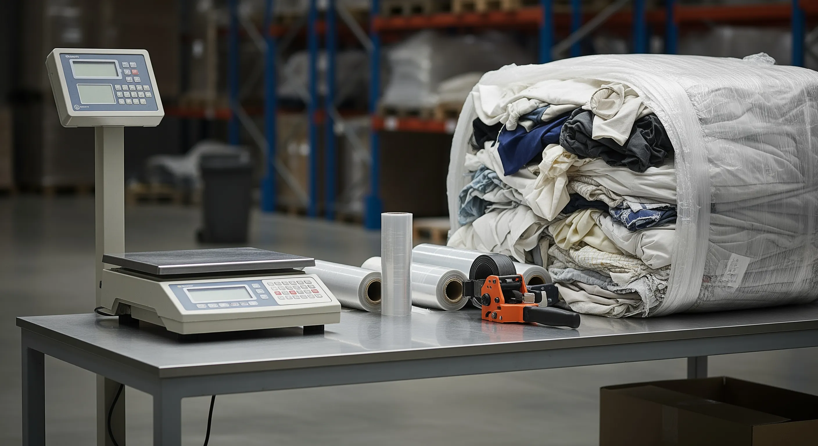 Quality control station with industrial scale platform, stretch wrap rolls, and partially opened bale revealing mixed textile textures