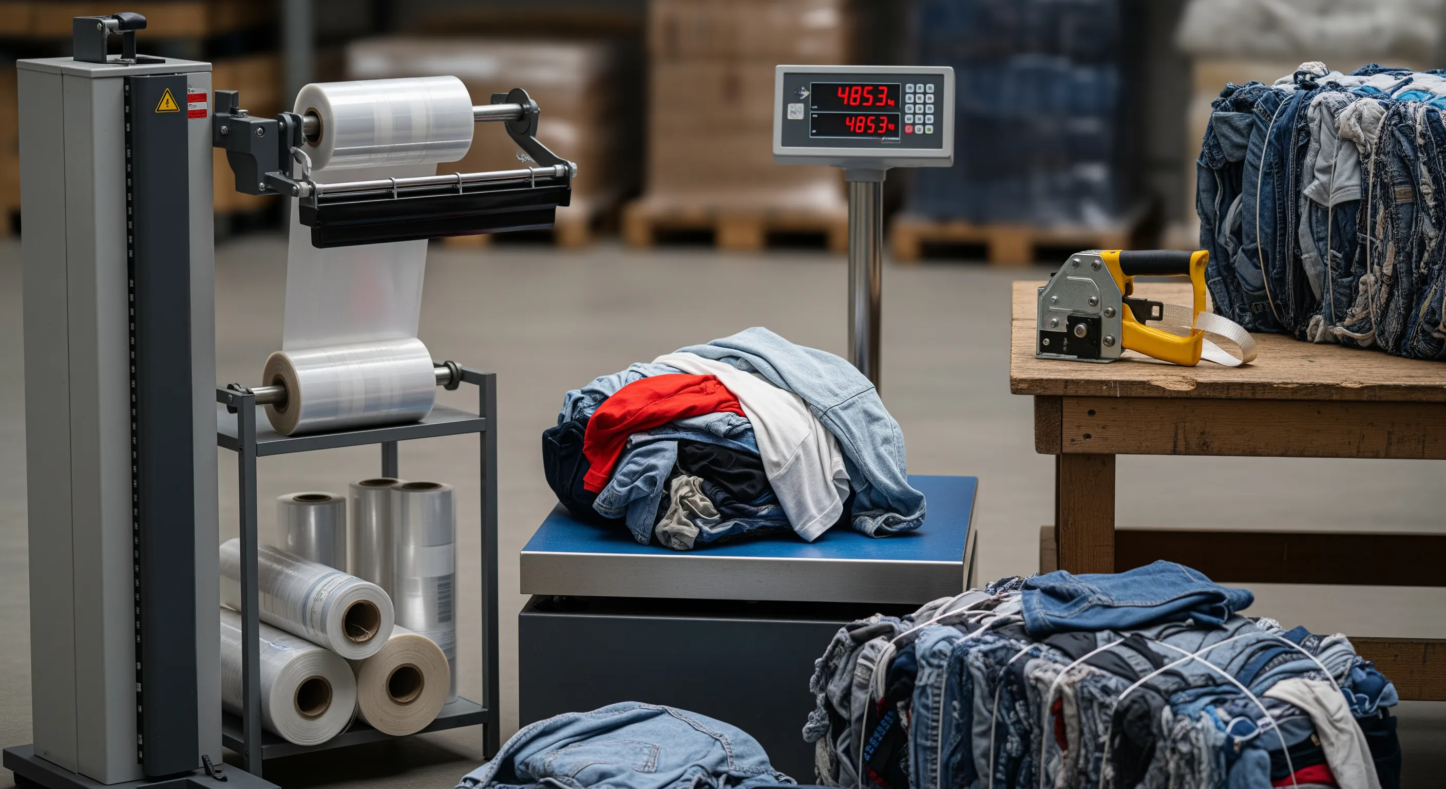 Quality control station showing industrial scale, stretch-wrap machine, and partially opened bales with mixed textiles under soft industrial lighting.