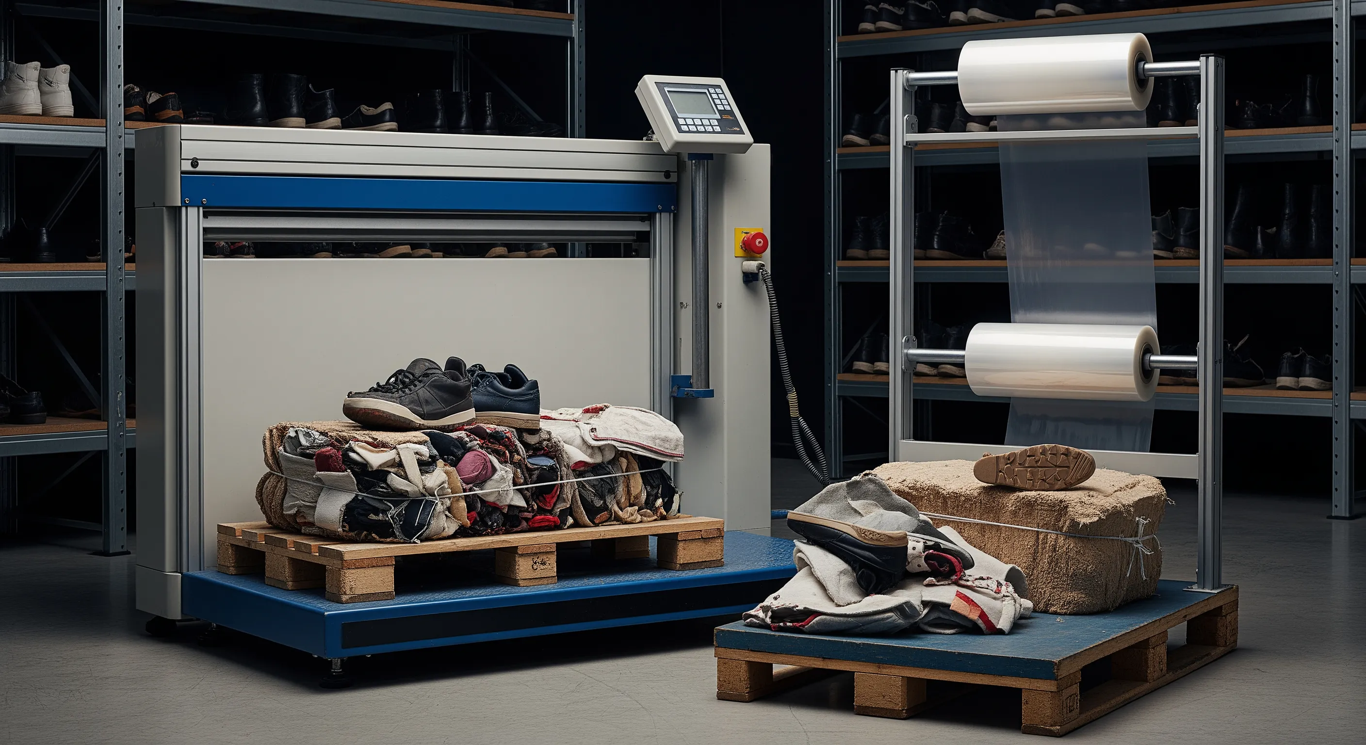 Close view of a quality-control station with scale platform, stretch-wrap machine, and partially opened bales revealing second hand shoe materials.