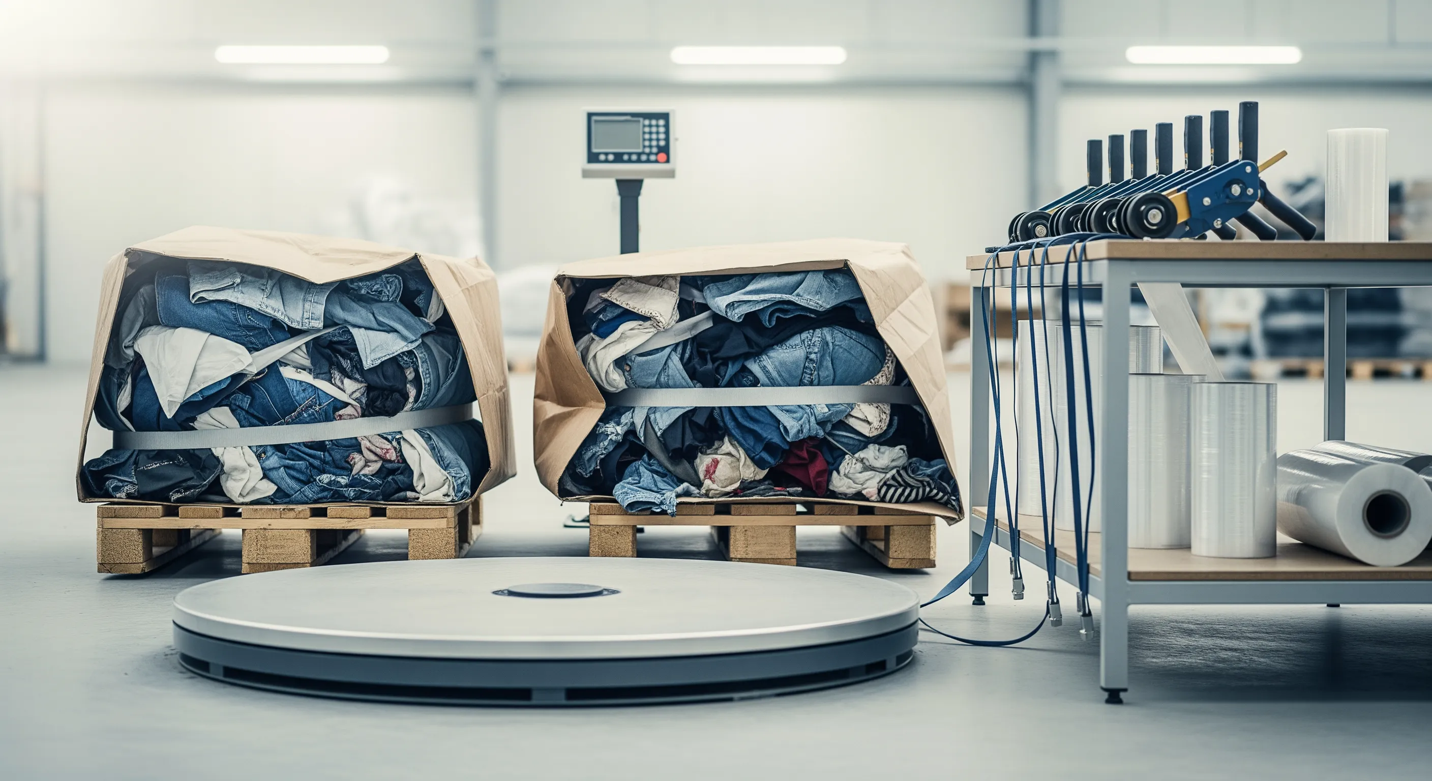 Industrial quality control station with scale platform, partially opened bales showing assorted textiles, stretch-wrap machine and pallet strapping tools.
