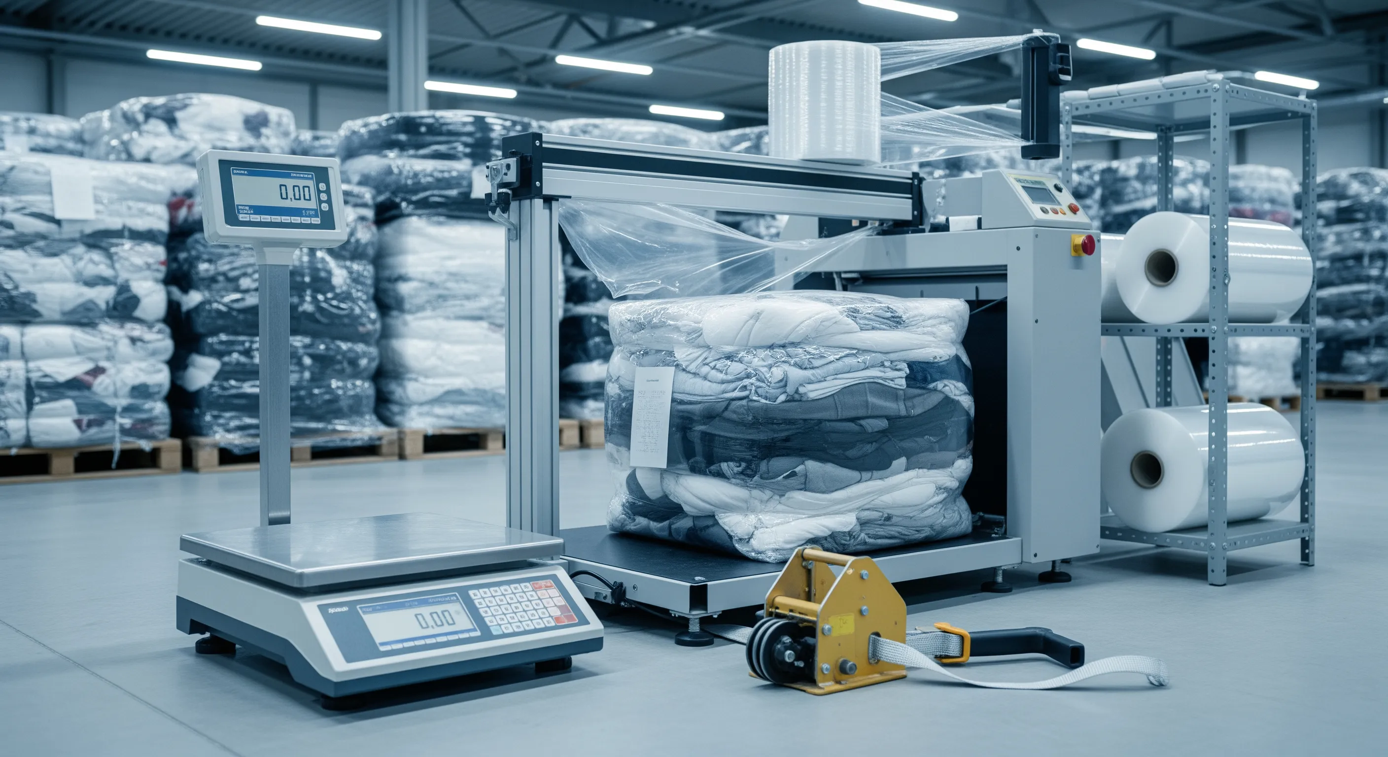 Quality control station with industrial scale and stretch-wrap machine alongside partially opened bales showing secondhand textiles