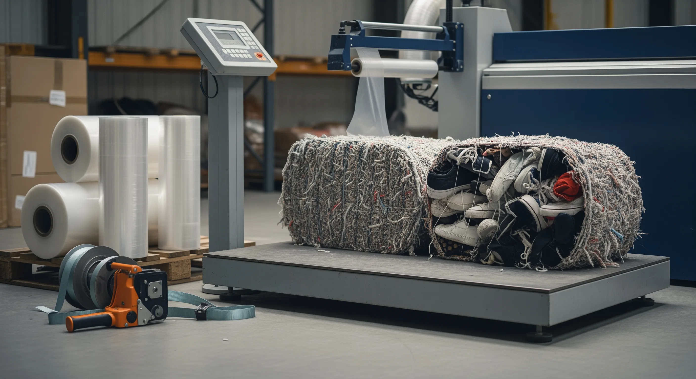 Industrial quality control station with scale platform, stretch-wrap machine, and partially opened bales revealing mixed second-hand textiles in clean warehouse lighting