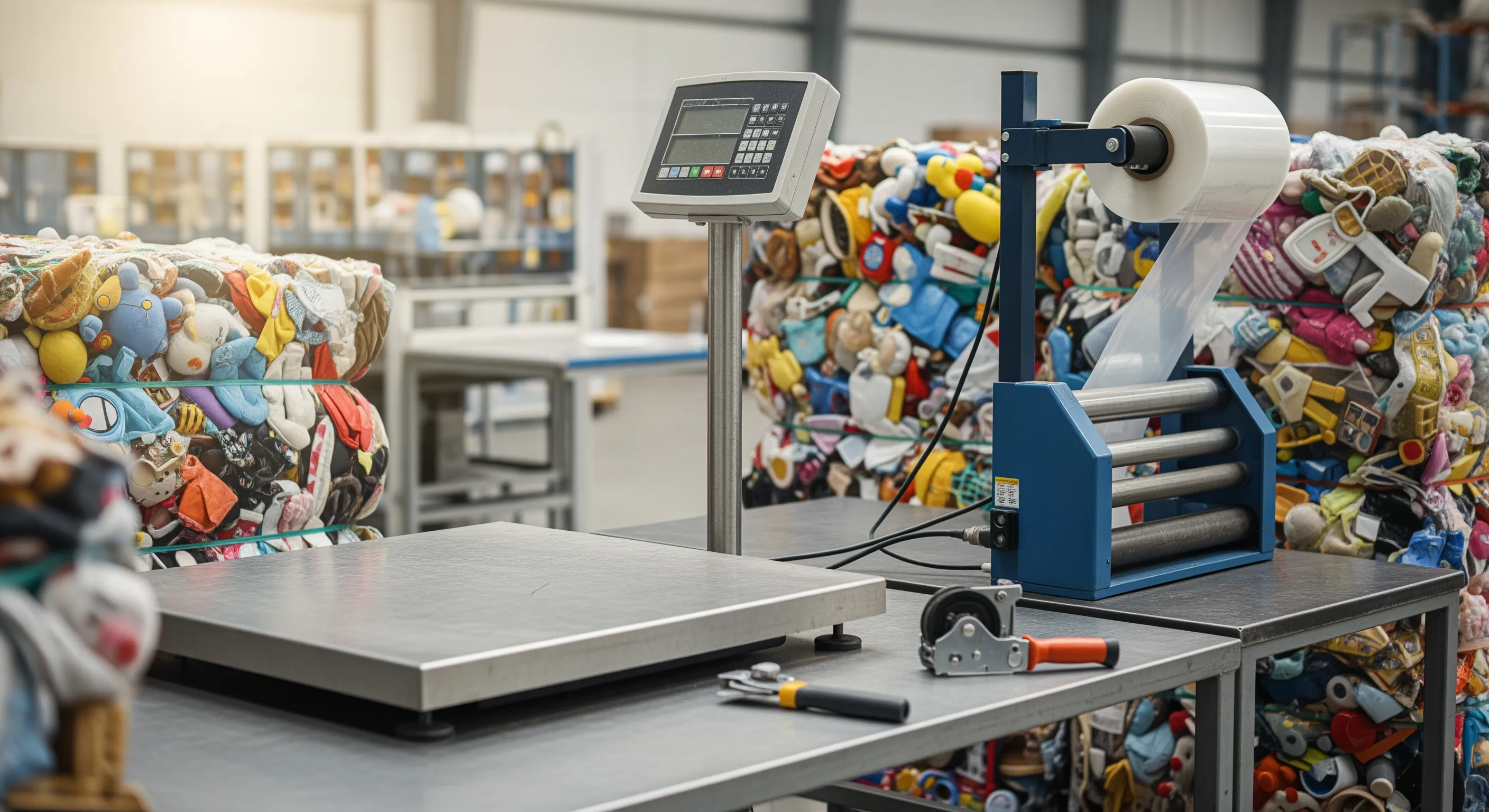 Quality control station with pallet strapping machine and open bales containing mixed second hand toys under clean industrial lighting