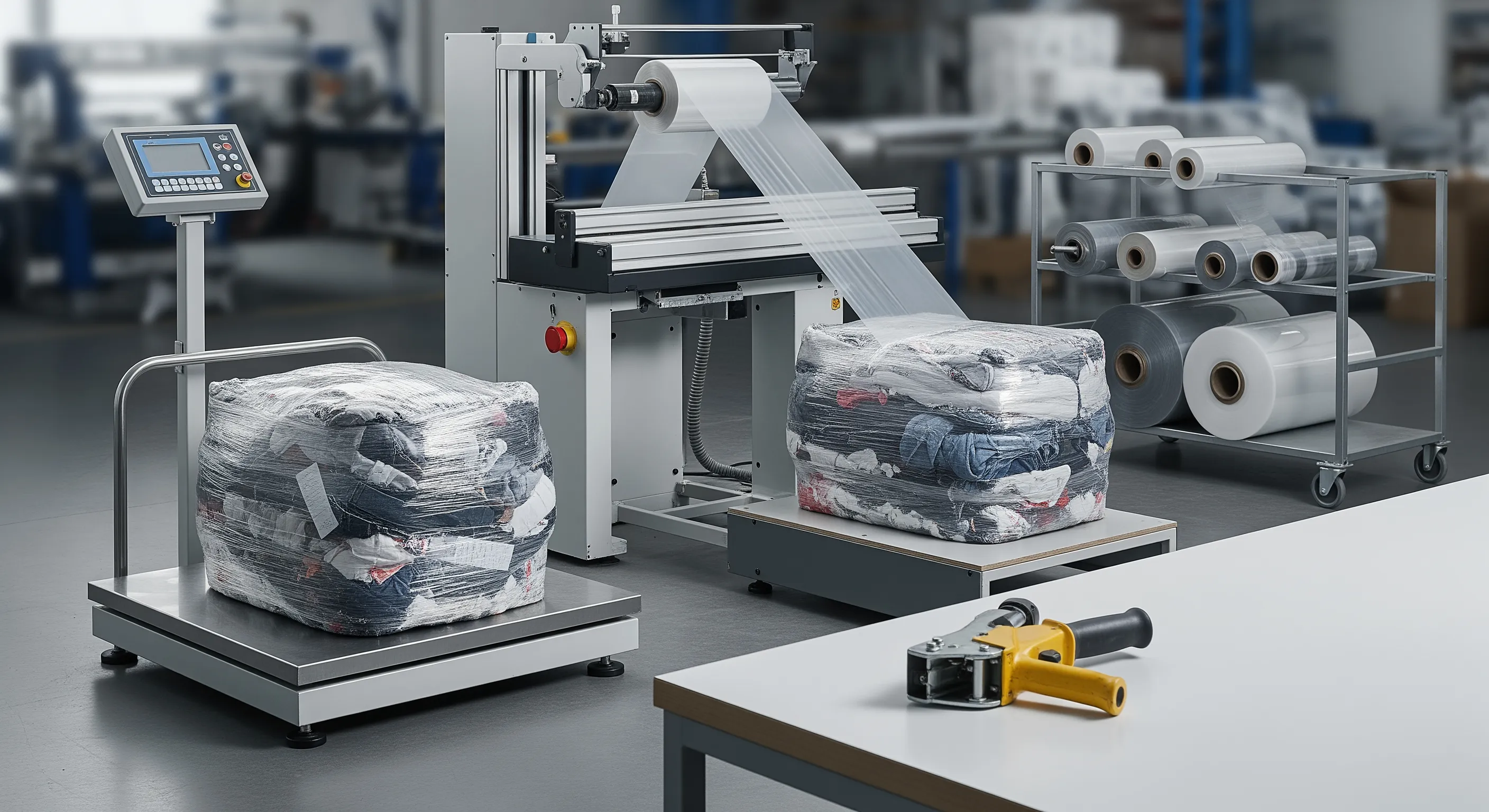 Industrial quality control station with a stretch-wrap machine and partially opened bales showing mixed second hand clothes textures.