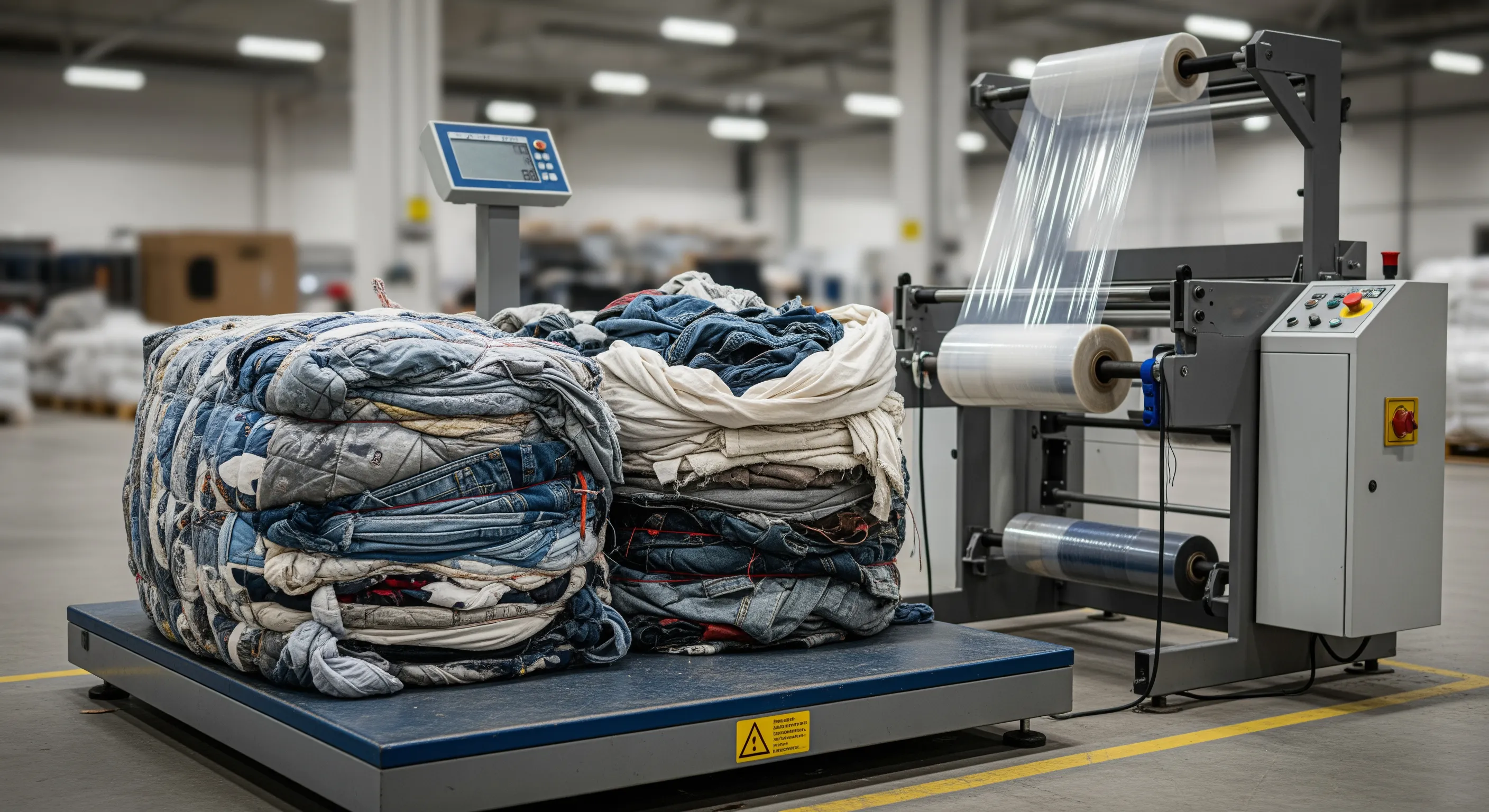 Quality control area inside a warehouse showing an industrial scale, stretch-wrap machine, and two partially opened bales revealing mixed textiles.