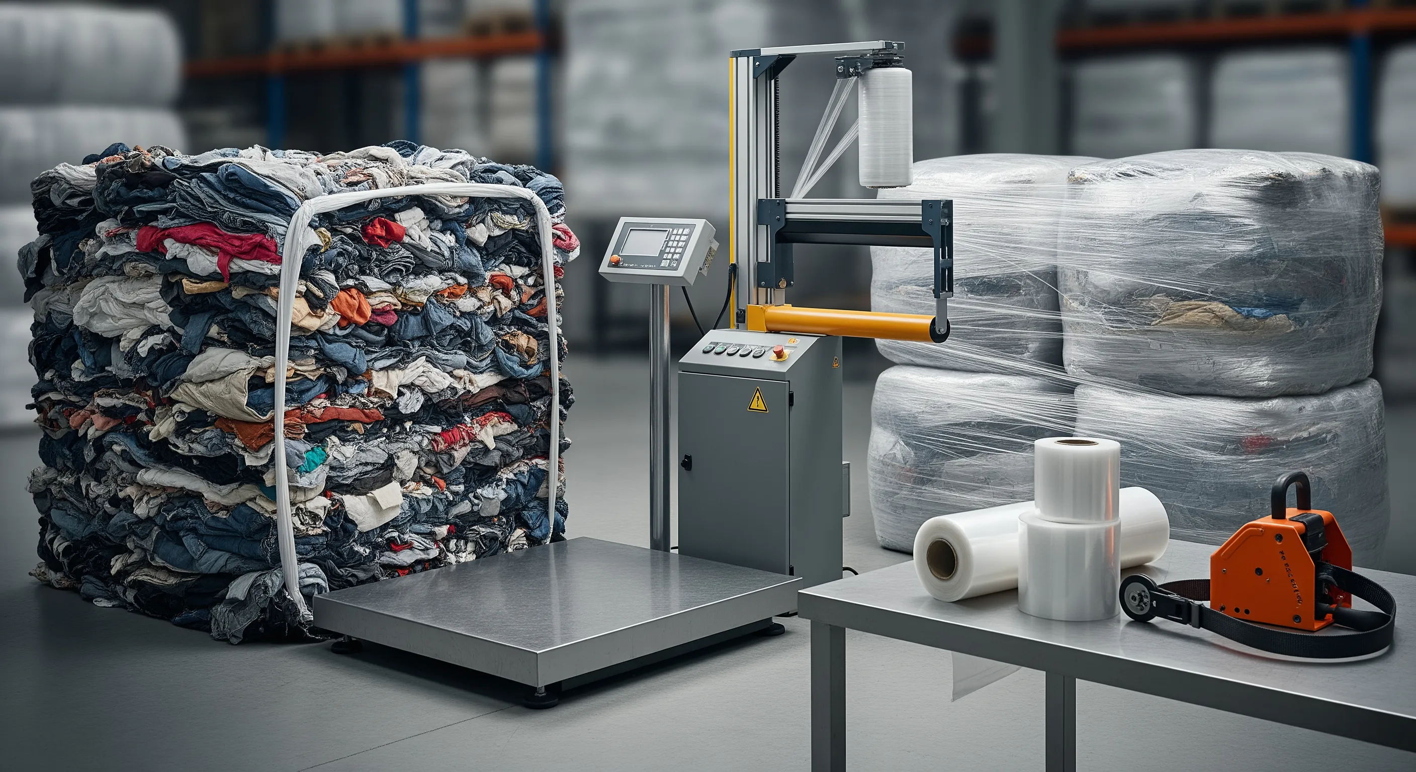 Quality control station showing an industrial scale platform and partially opened bale with mixed textiles beside stretch-wrap machine in secondhand clothing warehouse