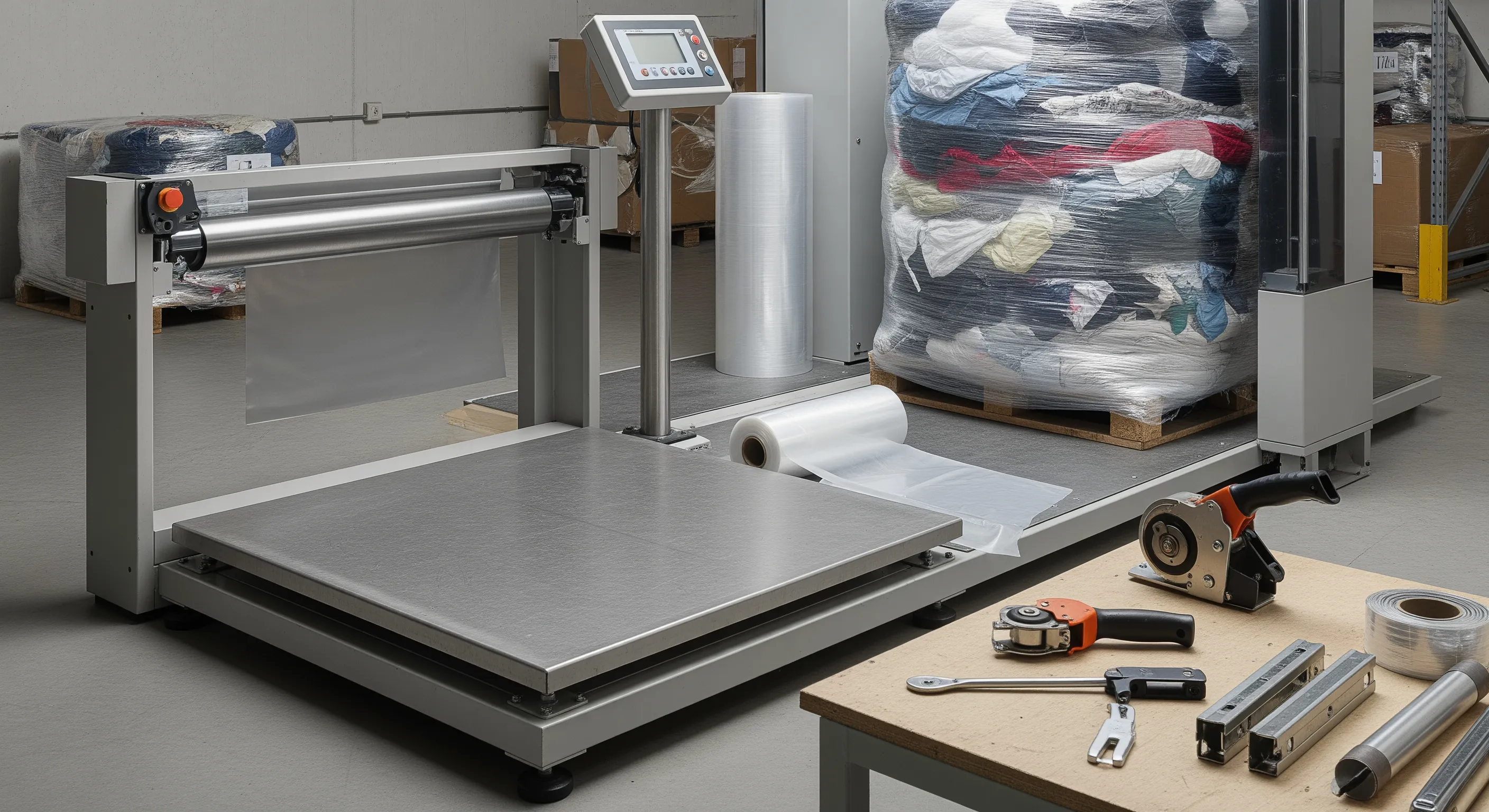 Quality control station showing industrial scale, stretch-wrap machine wrapping a textile bale with shrink film rolls and strapping tools nearby in clean warehouse