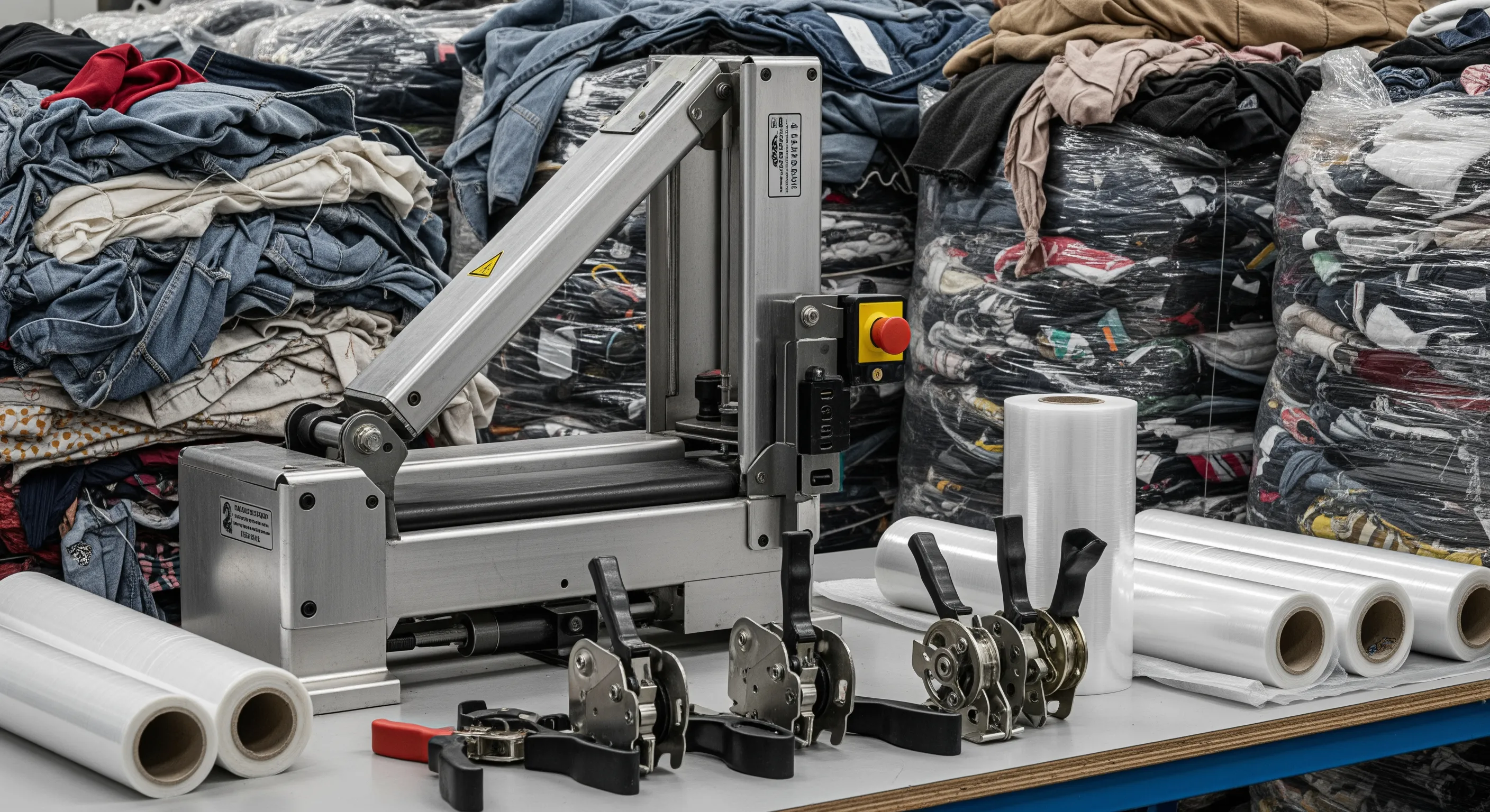 Quality control station with pallet strapping machine and partially opened bales revealing mixed textile textures under bright industrial lighting