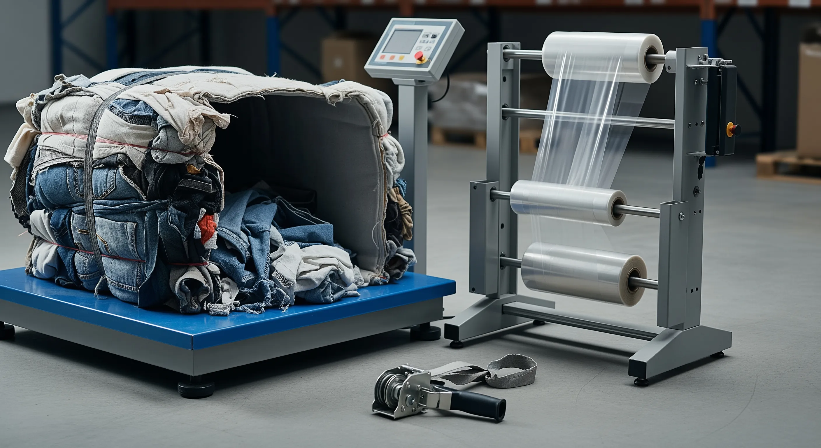 Quality control station with industrial scale, stretch-wrap machine, partial open bale showing mixed textiles, and packing tools in clean warehouse