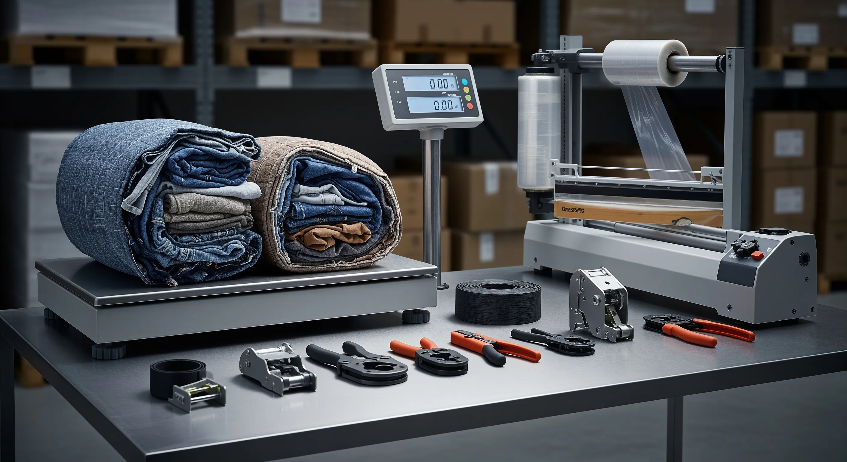 Quality control area in warehouse featuring industrial scale, stretch-wrap machine, and partially opened bales showing mixed textiles textures.