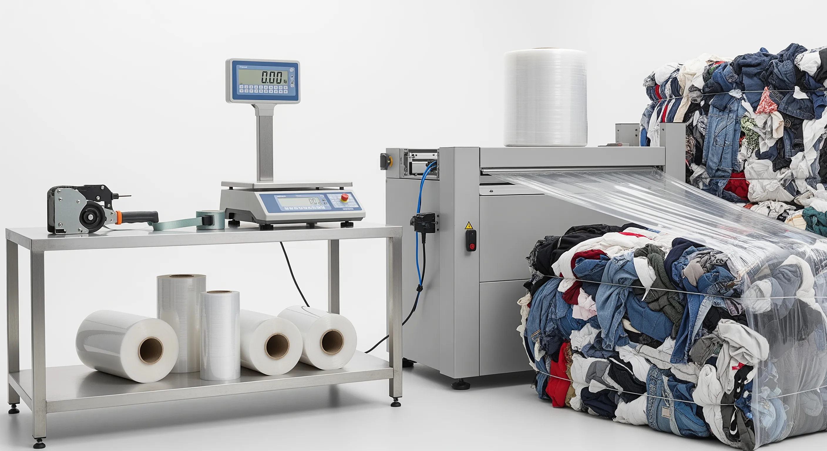 Clean quality control station with industrial scale platform, stretch-wrap machine, and partially opened bales showing mixed textiles in soft white light