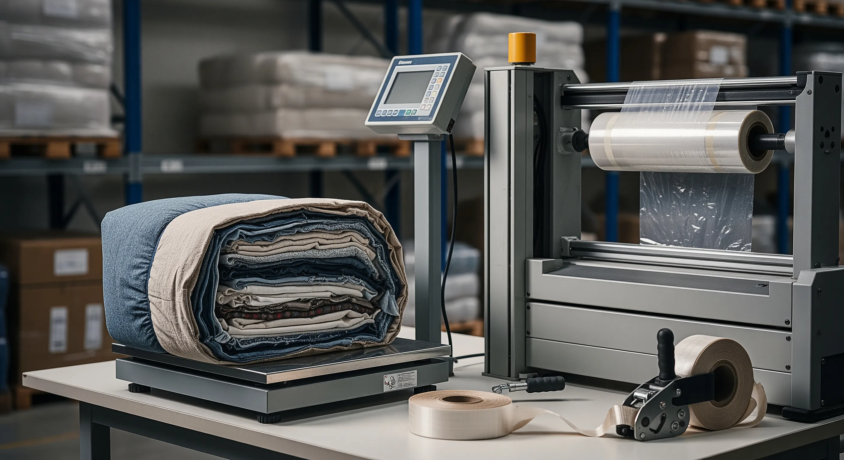 Quality control packing station inside warehouse showing industrial scale, stretch-wrap machine, and partially opened textile bale