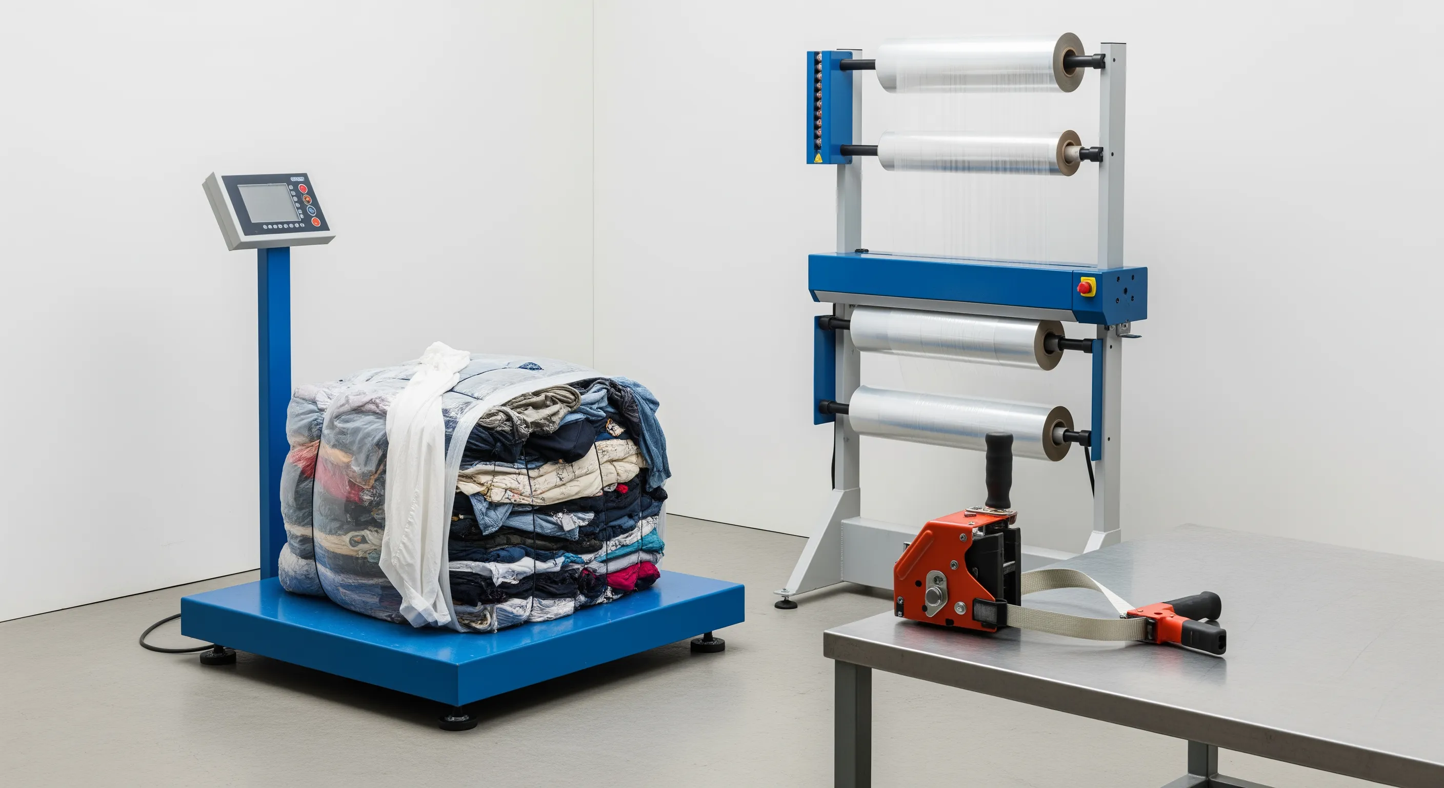 Quality control station with pallet scale, partially opened bale of secondhand clothes, stretch-wrap machine and shrink film rolls under clean industrial lighting