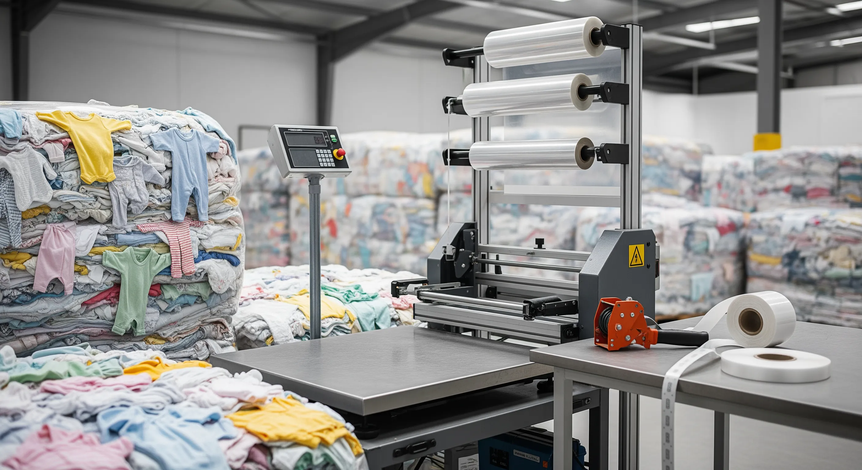 Quality control station with industrial scale, pallet strapping machine, and partially opened bales revealing mixed secondhand baby garments under studio lighting.