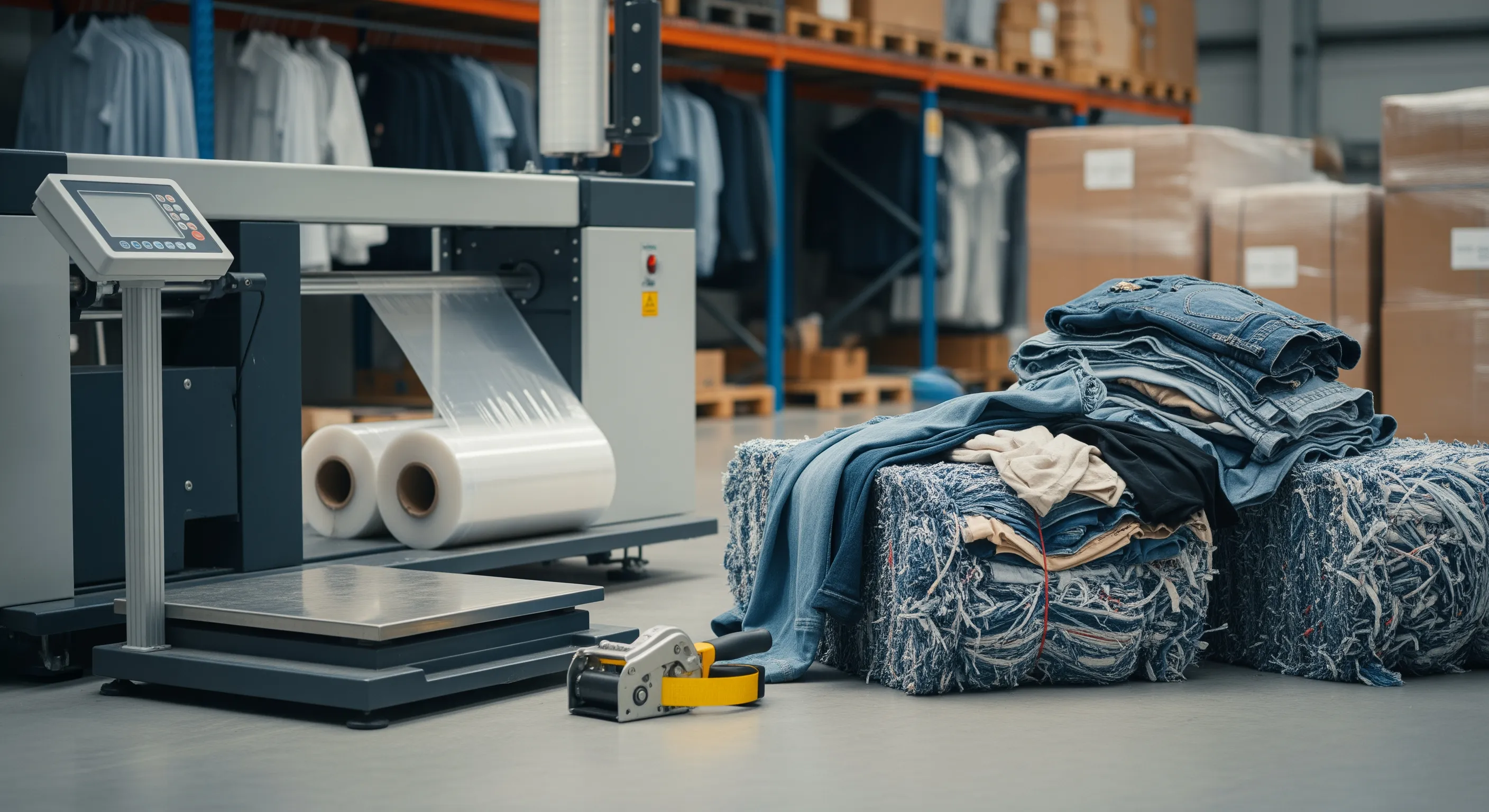 Close view of a quality control station in an apparel warehouse with scale platform, stretch-wrap machine, and partially opened textile bales showing mixed fabrics