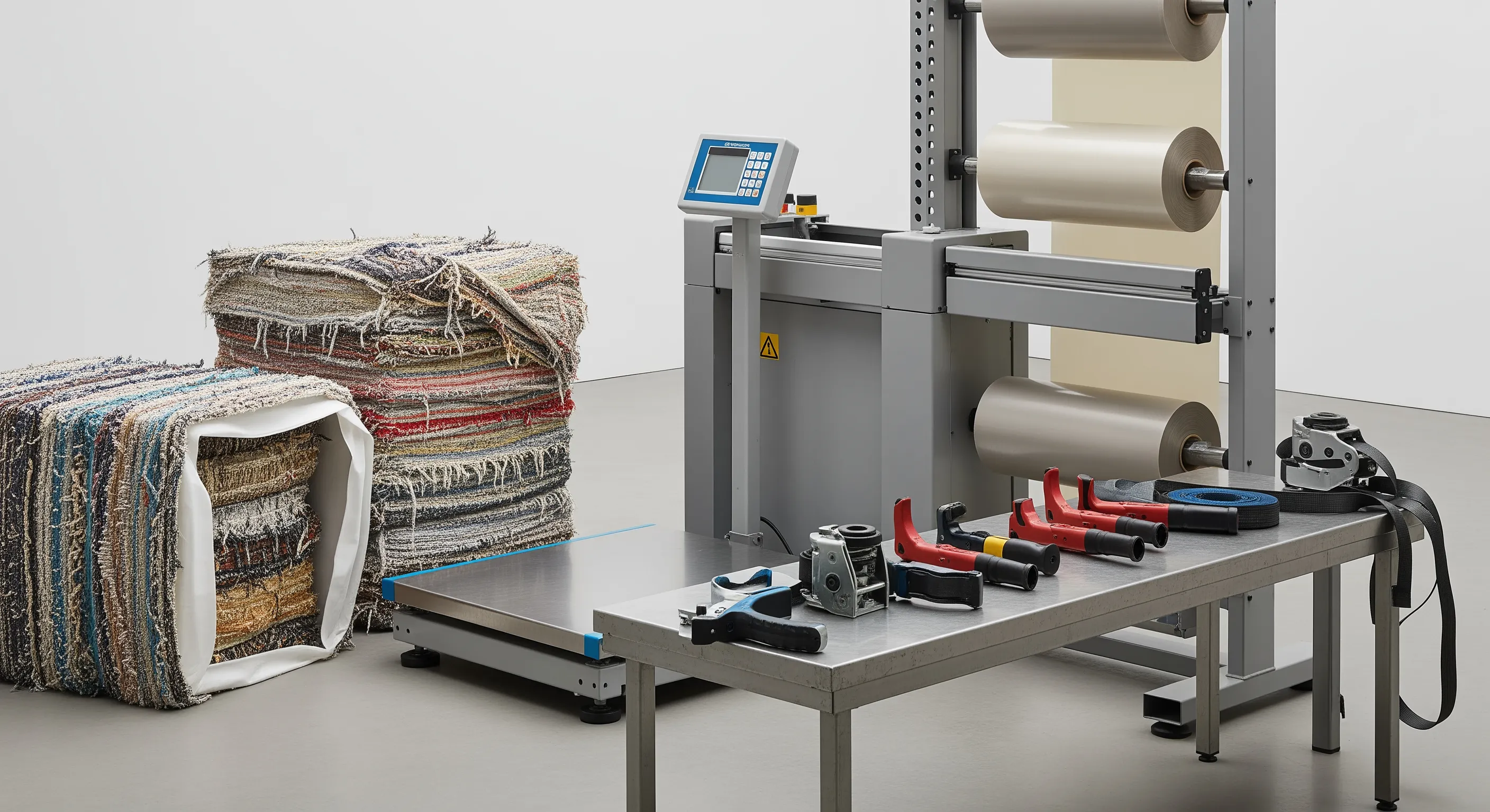 Quality control station with industrial scale and stretch-wrap machine alongside partially opened bales revealing textured vintage clothing inside a clean warehouse.