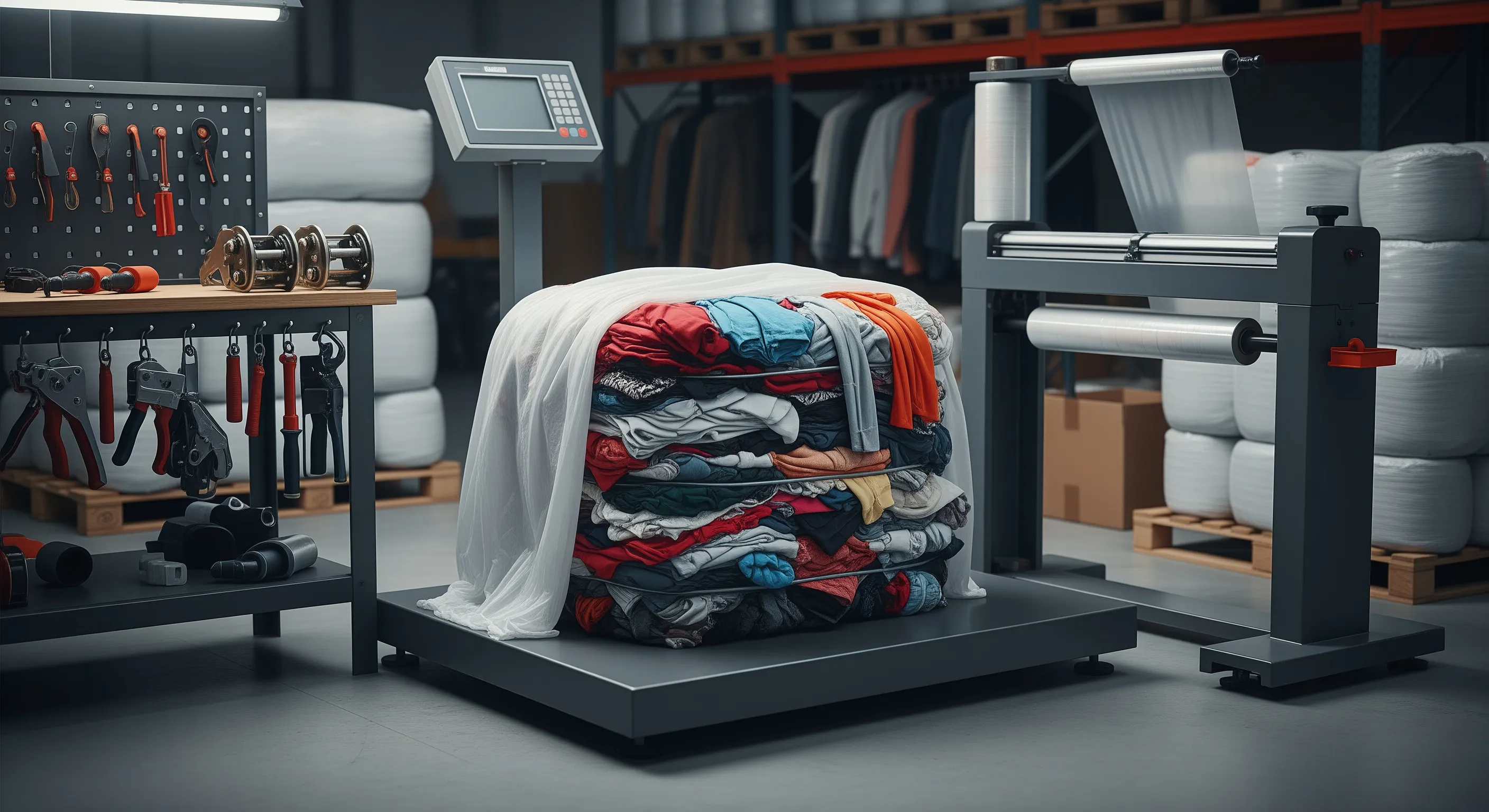 Quality control station with industrial weighing scale, partly opened textile bale showing used clothes, stretch-wrap machine, and strapping tools
