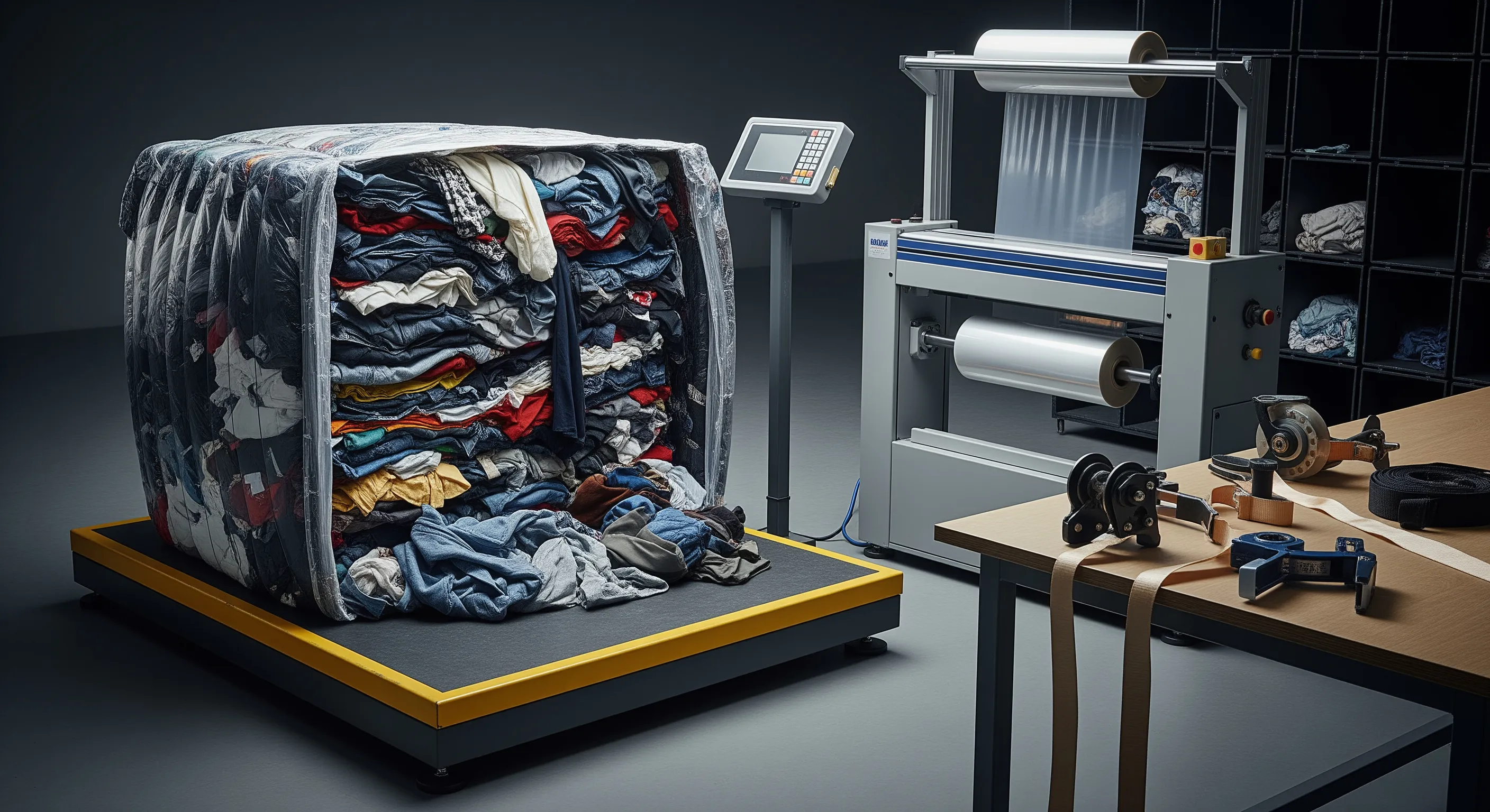 Industrial quality control station with pallet scale, stretch-wrap machine, and partially opened bale of mixed used clothing textiles.