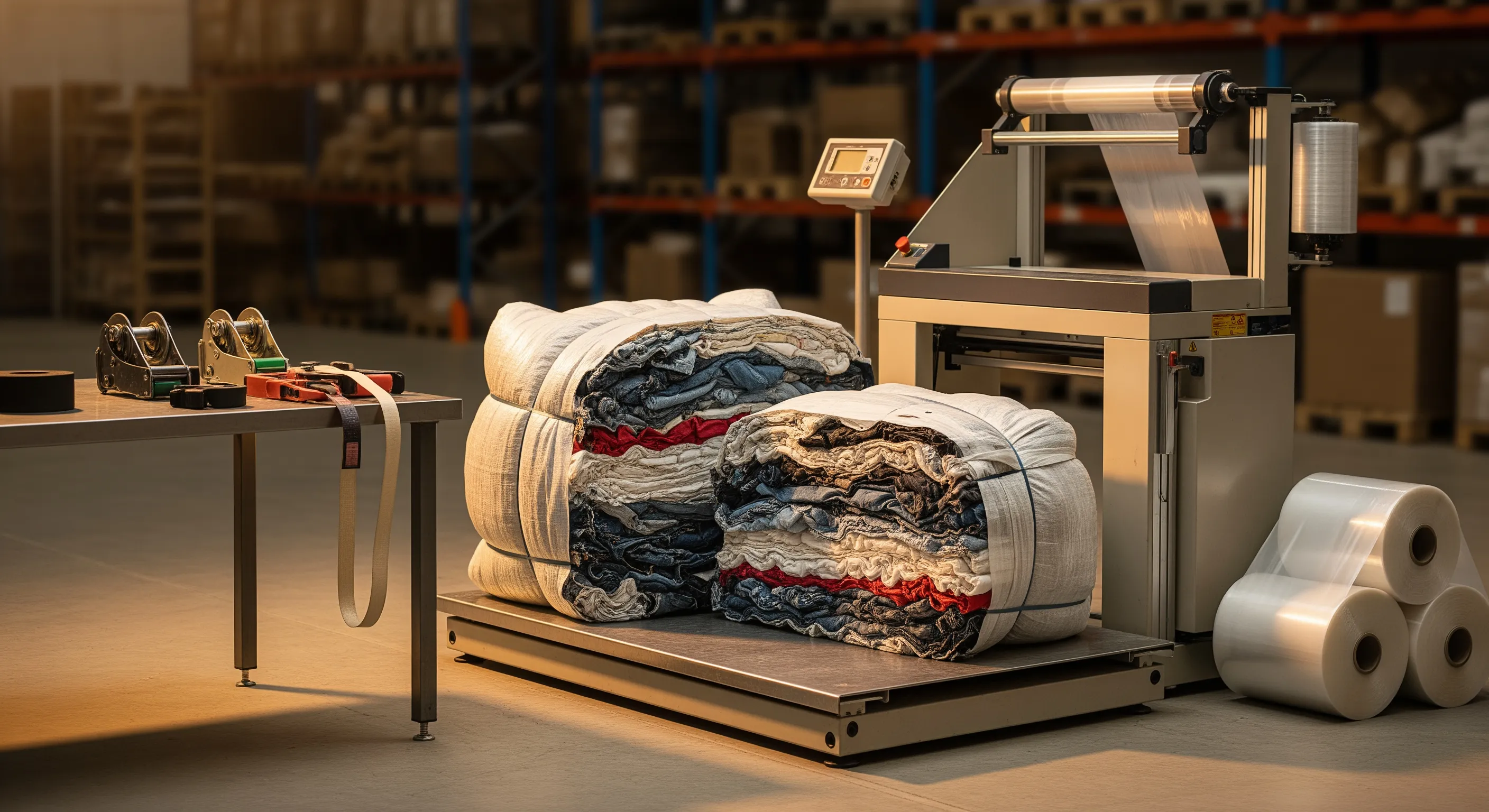Industrial quality control area with stretch-wrap machine and partially opened large bales showing mixed second hand clothing textures