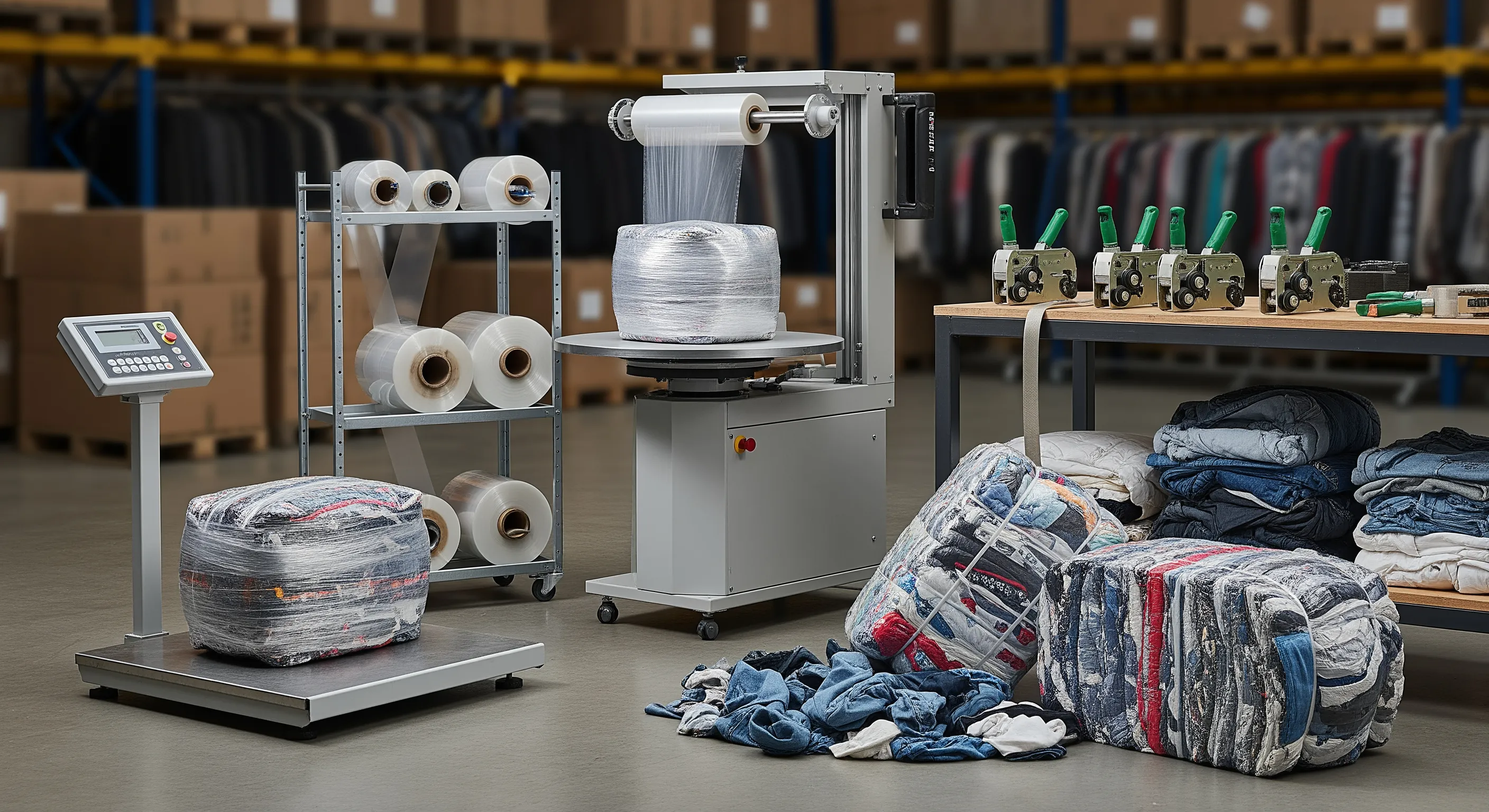 Quality control station with industrial scale, stretch-wrap machine, and partially opened bales showing mixed textiles in a clean packaging area.