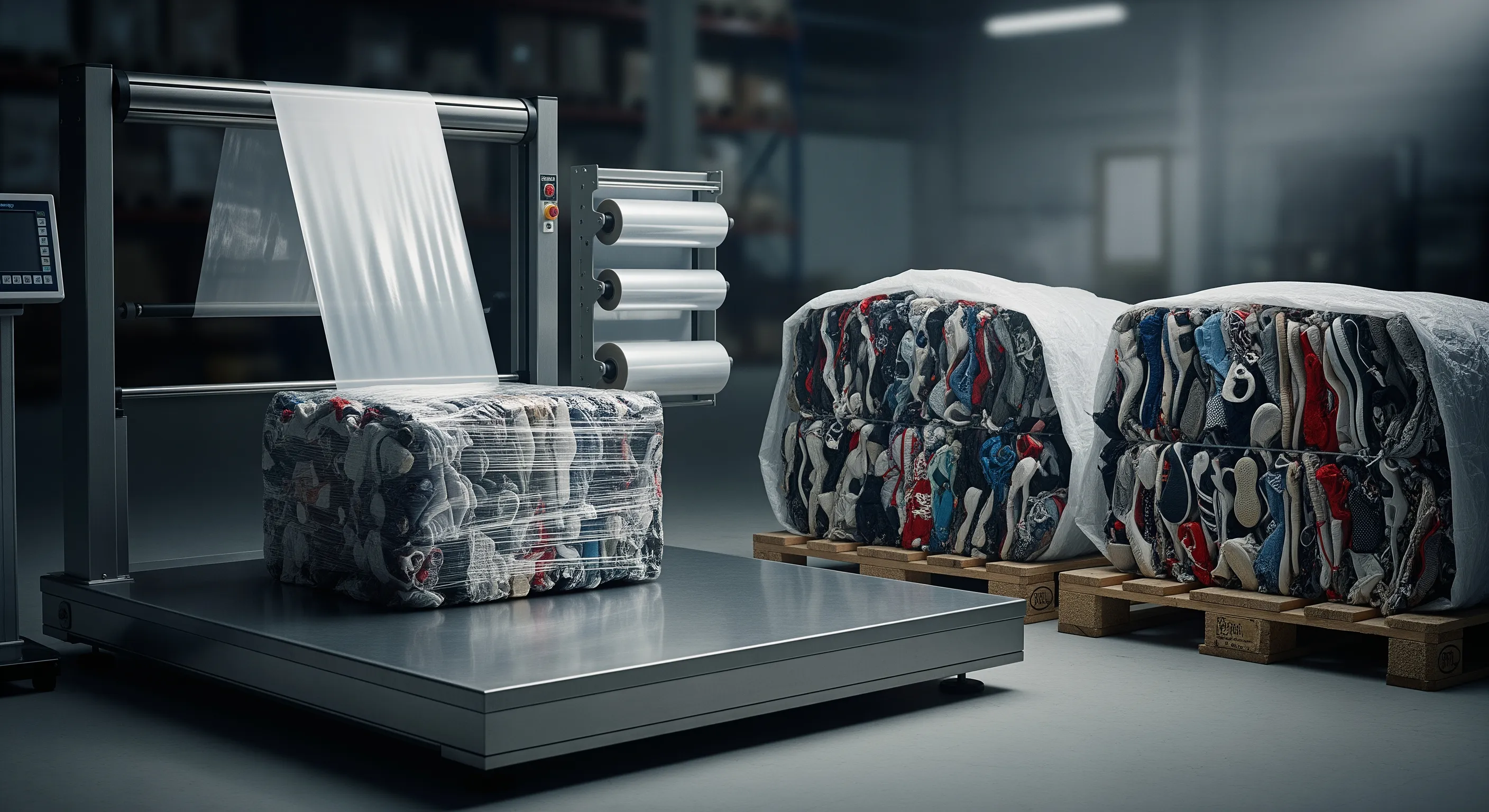 Mid-shot of a quality control station with industrial scale, stretch-wrap machine, and partially opened bales showing mixed second-hand shoes inside a clean warehouse.