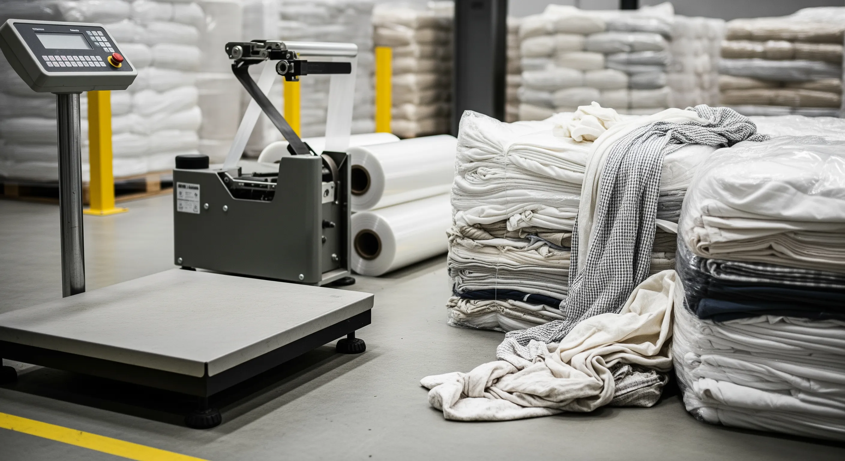Quality control station with industrial scale, strapping machine, shrink film rolls, and partially opened bales showing mixed textiles