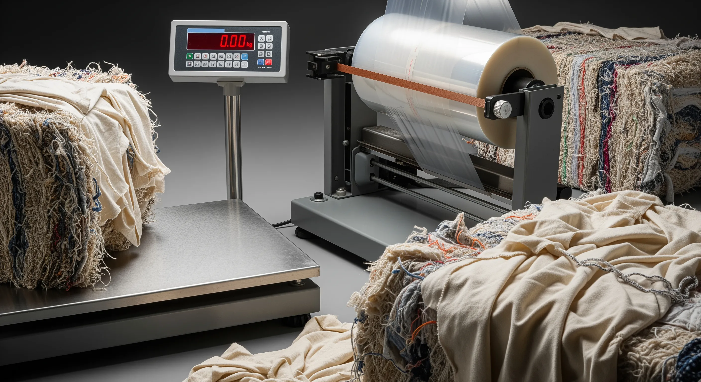 Quality control station with industrial scale and stretch-wrap machine with partially opened cream textile bales visible