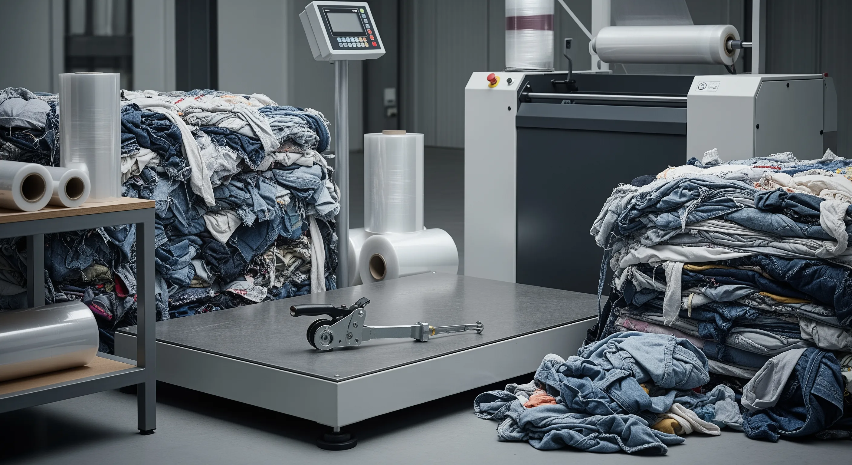 Quality control station with industrial scale and stretch-wrap machine next to opened bales revealing mixed used clothing textiles under controlled lighting.
