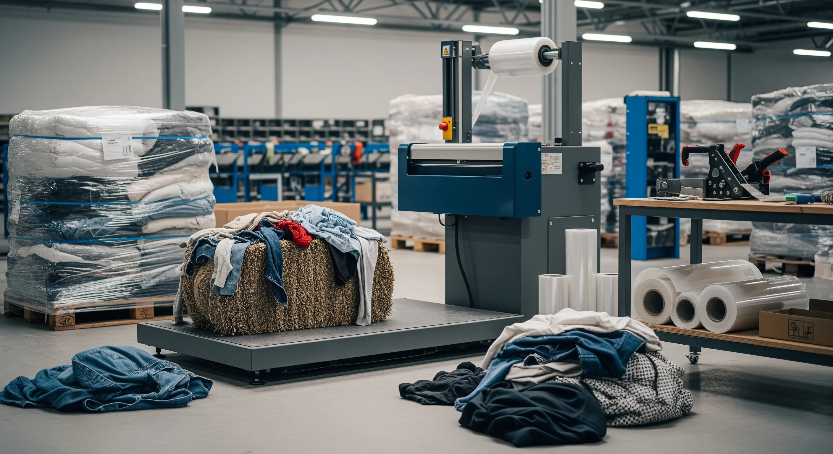 Quality control station inside a warehouse showing industrial scale, stretch-wrap machine, and partially opened bales with mixed textiles