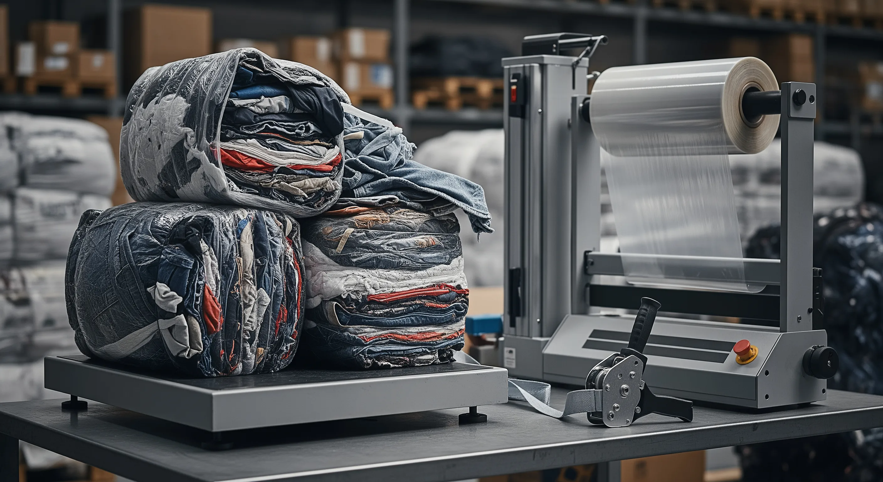 Quality control station inside a warehouse with industrial scale, stretch-wrap machine, and partially opened bales revealing second hand clothes textures.