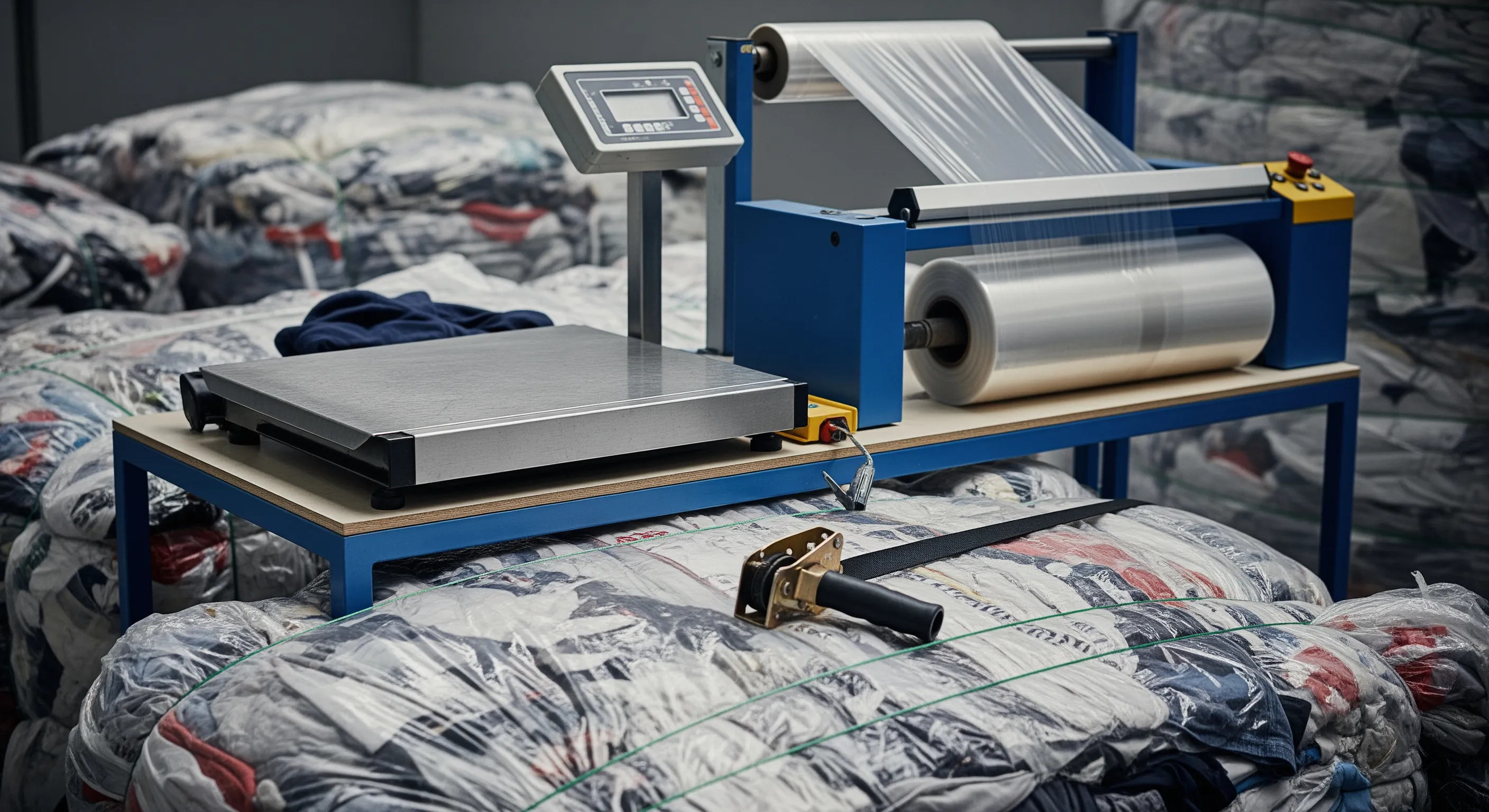 Quality control station with industrial scale, stretch-wrap machine, and partially opened bale showing mixed textiles in a warehouse