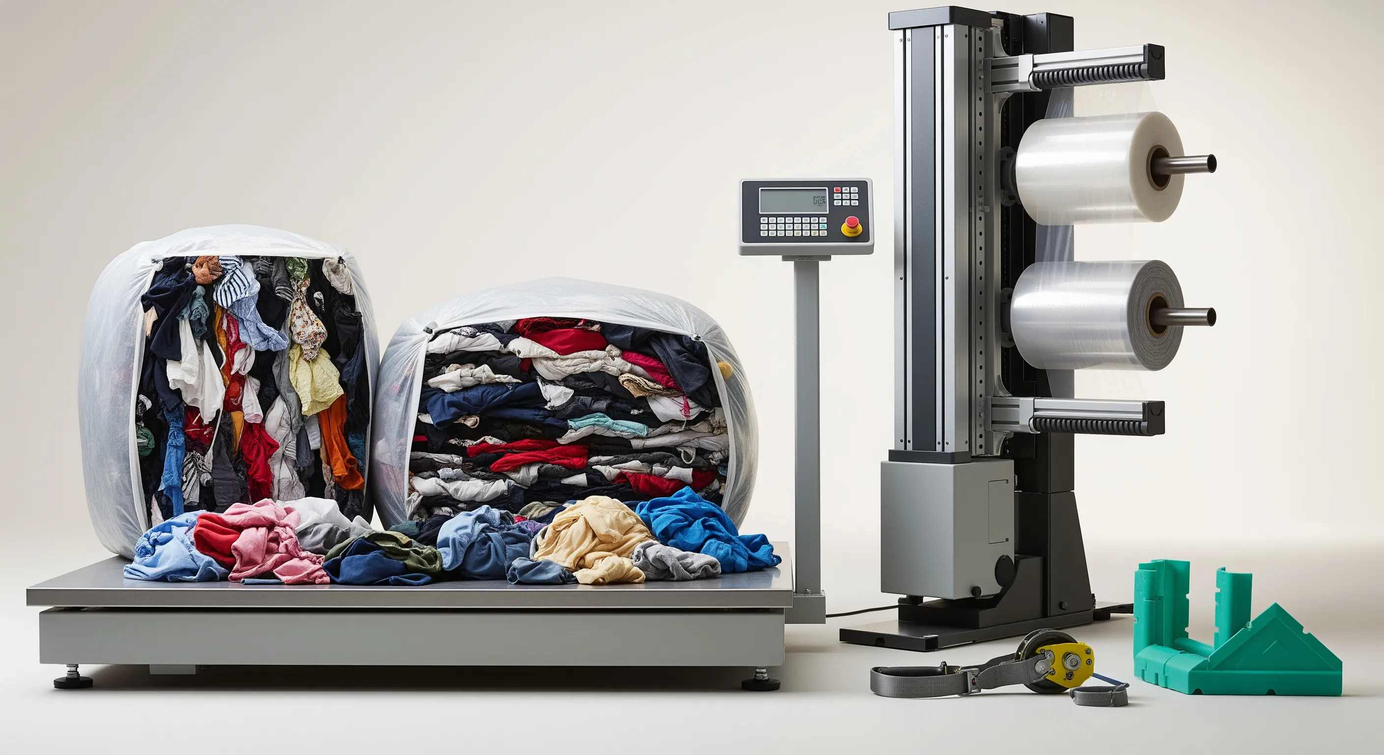 Quality control station inside warehouse with industrial scale, stretch-wrap machine, and partially opened bales showing used clothing textures under soft lighting