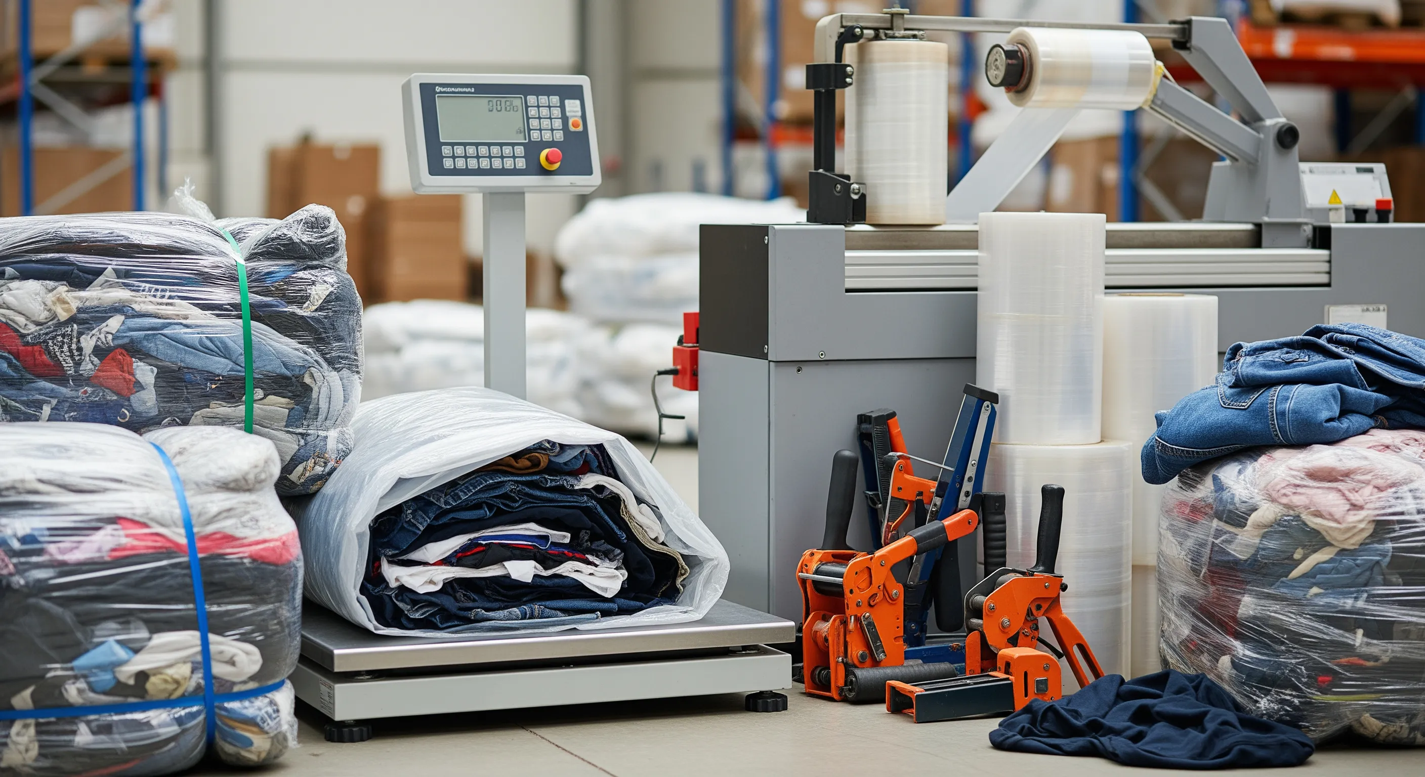 Quality control station with pallet scale, stretch-wrap machine, and partially opened wrapped bales showing mixed secondhand clothing textures.