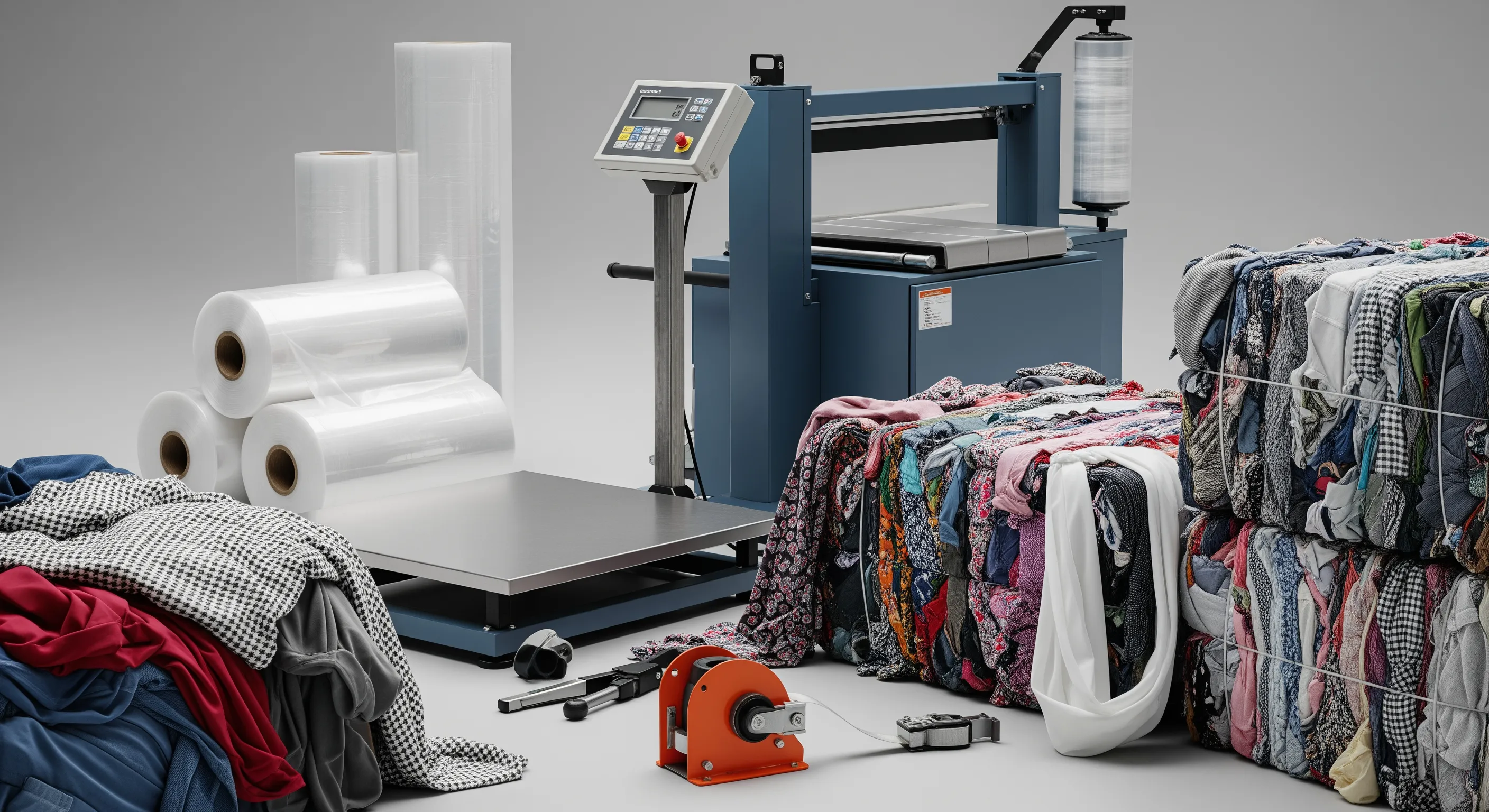 Quality control station with industrial scale and stretch-wrap machine beside partially opened bales showing mixed second-hand clothing textures
