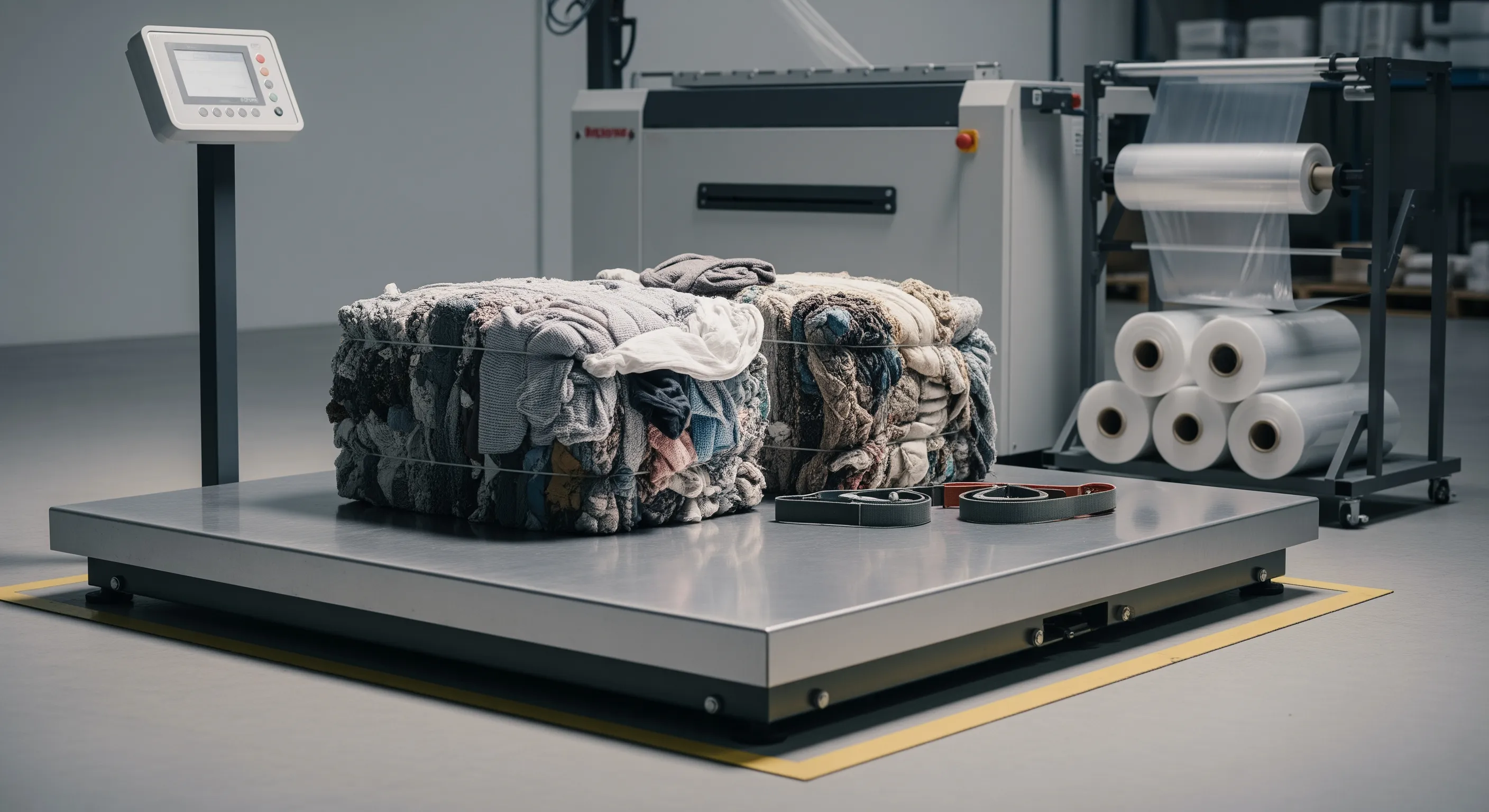 Quality control station with industrial pallet scale and stretch-wrap machine alongside partially opened bales showing mixed textiles